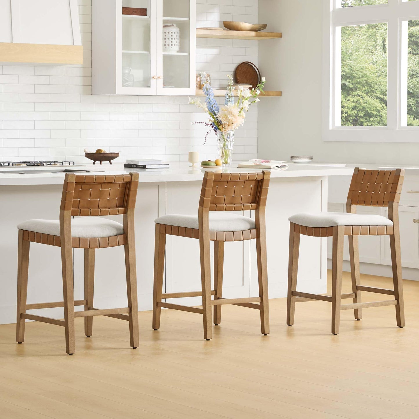 CHITA Woven Bar Stools Set of 2, 26" Counter Height Bar Stools with Backrest, Handwoven Counter Stools with Wood Frame for Kitchen Island & Home Bar, Saddle Brown