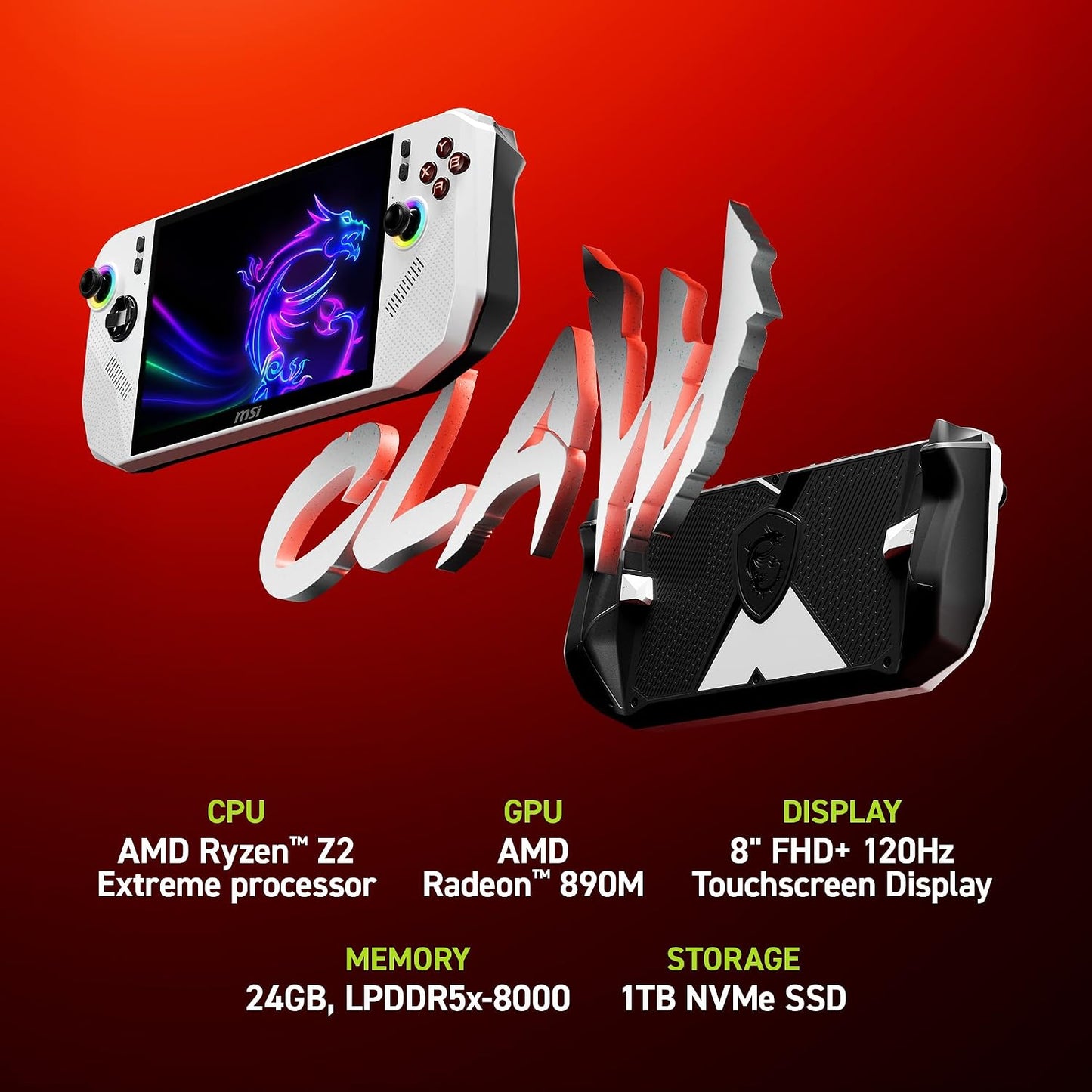 msi Claw A8 PC Gaming Handheld: AMD Ryzen Z2 Extreme, 8" FHD+ 120Hz Display, 24GB LPDDR5x, 1TB NVMe SSD, SD Card Reader, Thunderbolt 4, Win 11 Home: White BZ2EM-070US