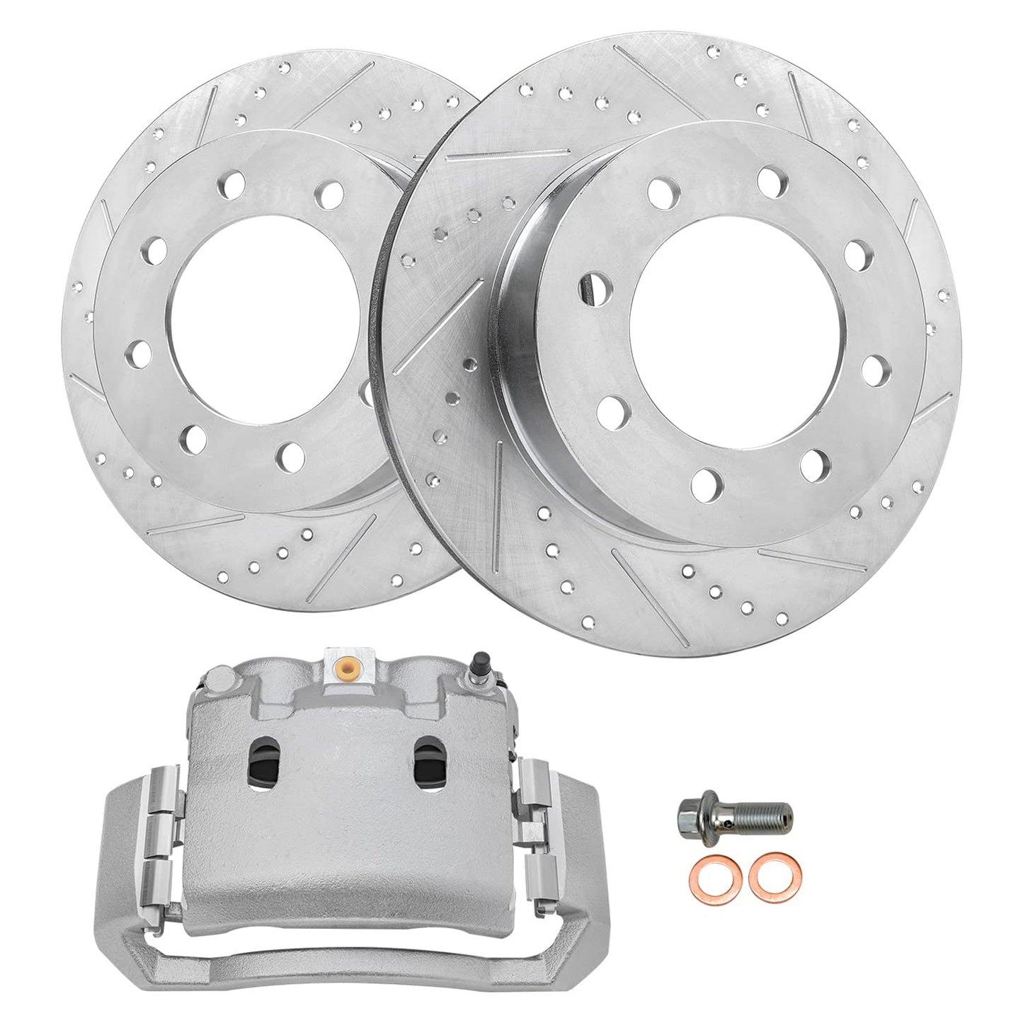Detroit Axle - Front Brake Kit for 2006-2018 Dodge Ram 1500, 07-09 Durango Chrysler Aspen, 2019-2024 Ram 1500 Classic, Drilled and Slotted Disc Brake Rotors Ceramic Brakes Pads Replacement