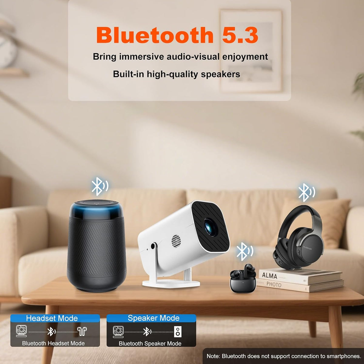 【Built-in APPS & Electric Focusing & 210° Rotation】Mini Projector With Wifi And Bluetooth, Smart Video Projector, Movie Projector for Bedroom, Supports Smartphones/TV Stick/PS5/iPad/Laptop/HDMI/USB