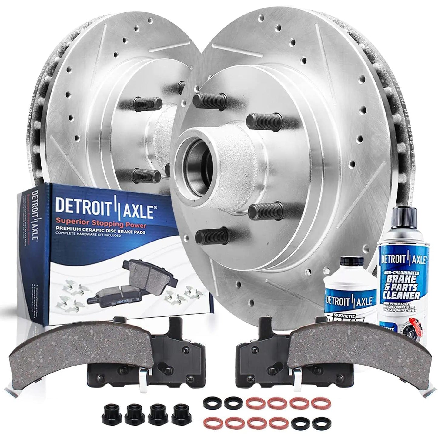 Detroit Axle - Front Brake Kit for Chevy GMC Silverado Suburban Sierra Savana Express 1500 Tahoe Yukon XL Cadillac Escalade ESV EXT Drilled Slotted Disc Brake Rotors Ceramic Brakes Pads Replacement