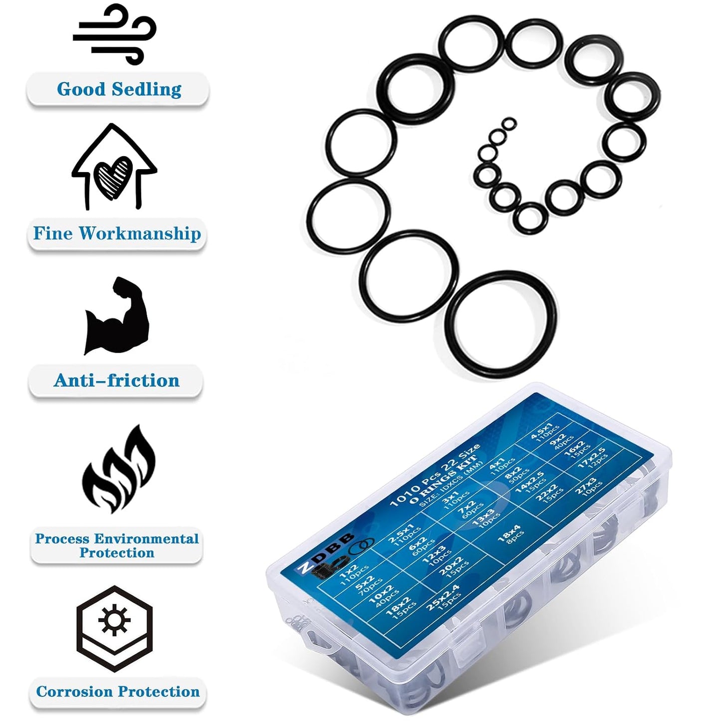 ZDBB 2210 Pcs Rubber O Rings Kit,18 ID Size and 32 OD Size O Rings Assortment with Pick and Hook Set of 2 Box