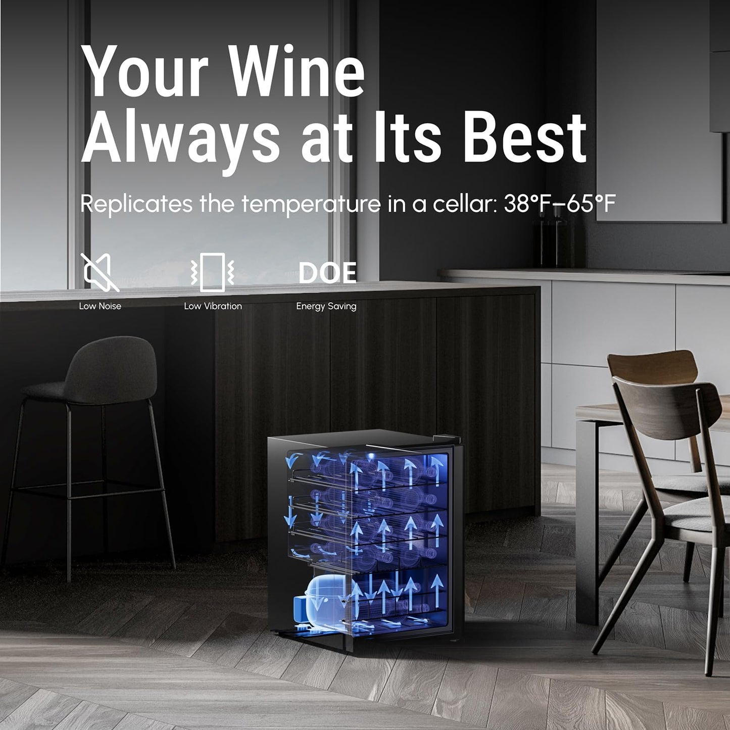 Yeego Wine Fridge – 34 Bottles Wine Cooler, 38–65℉ Digital Control with Double Glass Door & LED Light, Freestanding Wine Fridge Under Counter for Home Bar and Kitchen