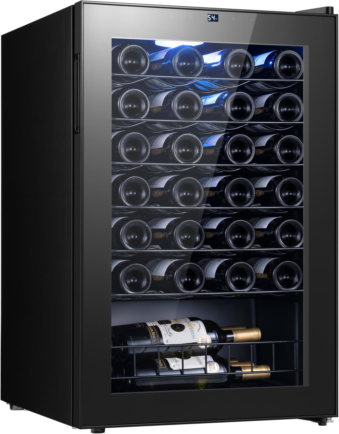 Yeego Wine Fridge – 34 Bottles Wine Cooler, 38–65℉ Digital Control with Double Glass Door & LED Light, Freestanding Wine Fridge Under Counter for Home Bar and Kitchen