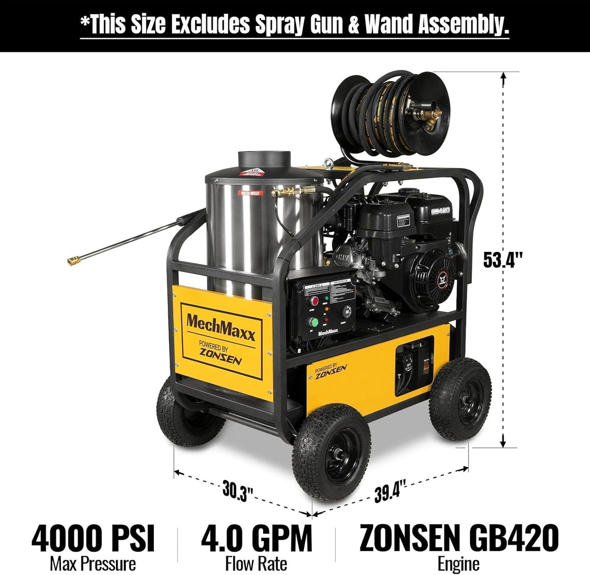 MechMaxx 4000 PSI 4 GPM 420cc 13.4HP E-Start Gas Engine Hot Water Pressure Washer with Hose Reel, Model HPW40D