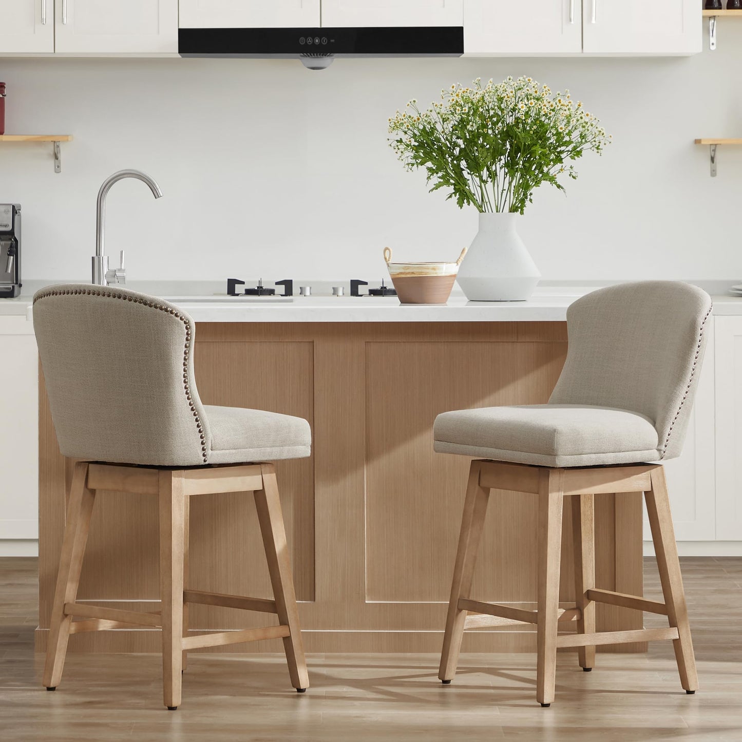 CHITA Counter Height Swivel Barstools, FSC Certified Upholstered Performance Fabric Bar Stools Set of 2, 26" Seat Height, Tan