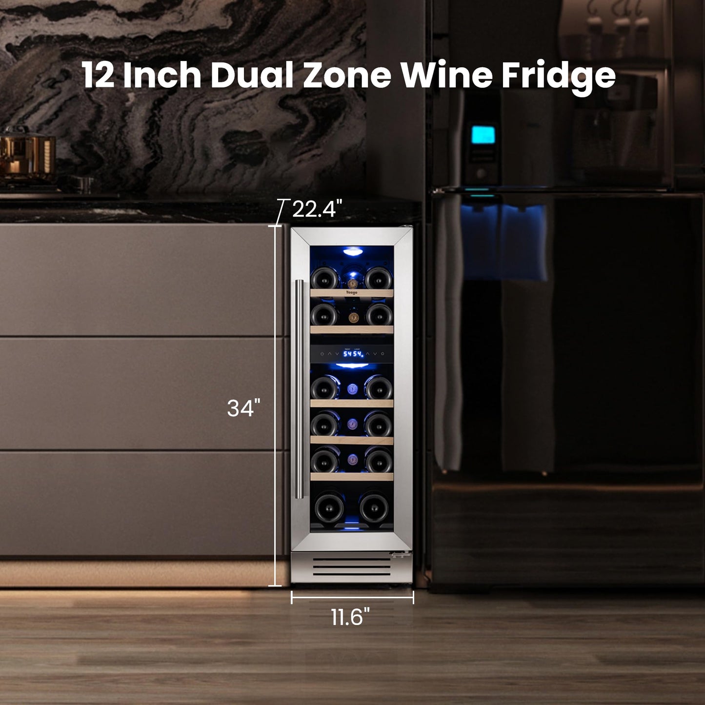 Yeego Wine Fridge Cooler - 24 Inch Dual Zone Wine Fridge Hold 52 Bottles, 40-65°F Wine Refrigerator Glass Door, Built in Fridge, Freestanding Adjustable Shelves Fridge for Beer Soda Drink Home Bar