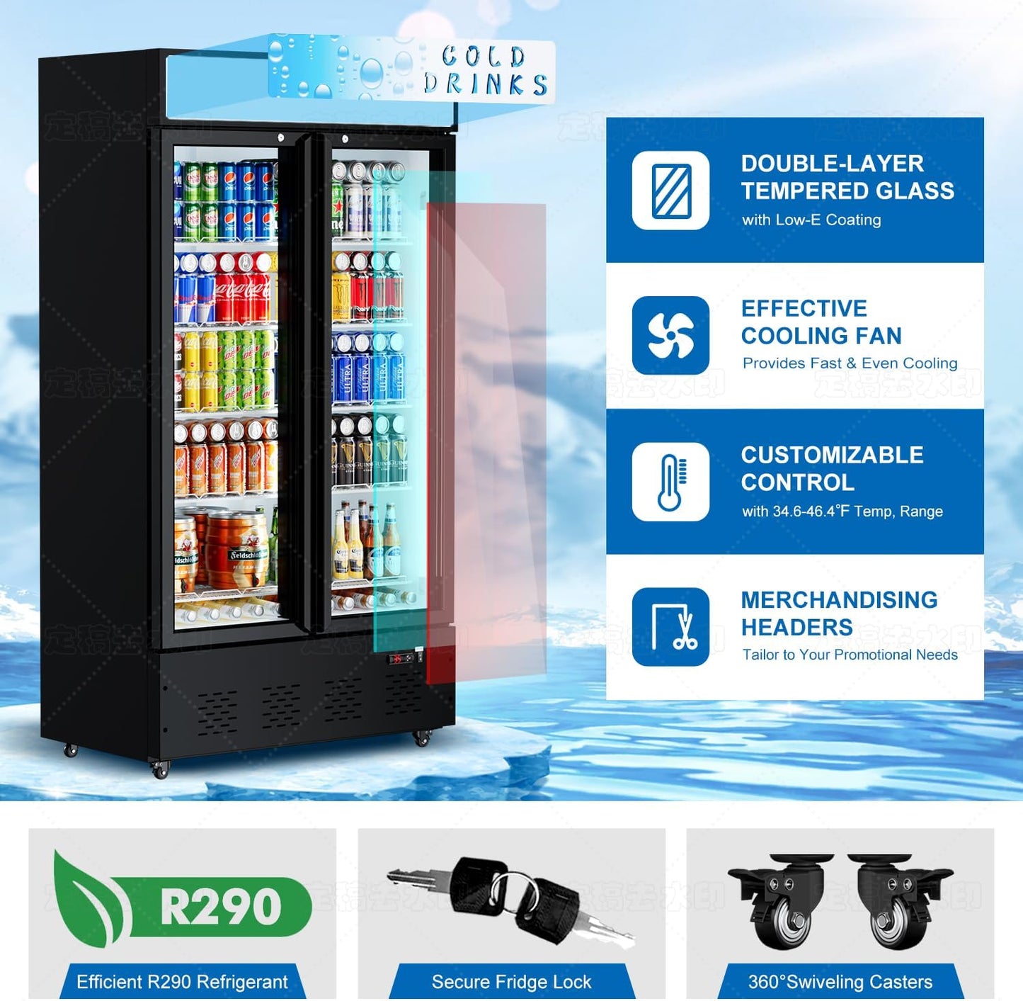 41.3''W 30 Cu.ft. Commercial Beverage Refrigerators with Soft LED Light, Adjustable Shelves, Digital Temperature Control, 360° Swivel Casters, Upright Display Refrigerator Glass Door for Stores