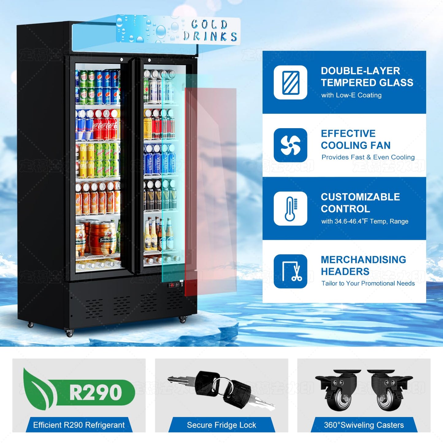25.7'' W Commercial Refrigerators with Glass Door, 15 Cu.ft. Beverage Refrigerators Commercial Fridge Upright Display Cooler with Soft LED Light and Adjustable Shelves for Restaurant Stores