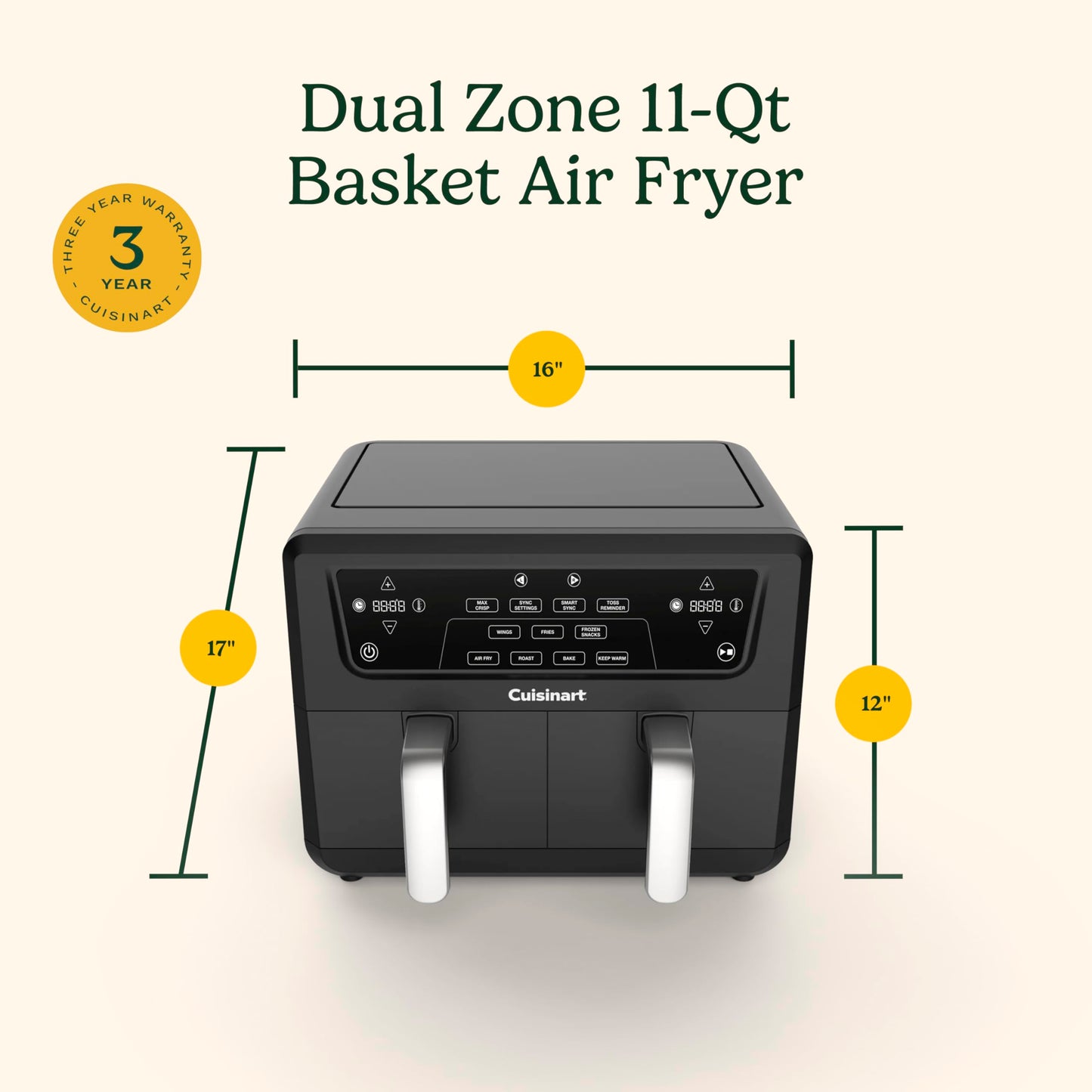 Cuisinart Dual Basket Air Fryer, Two Baskets 11 Qt in Total, 6 Functions: Air Fry, Roast, Bake, Broil, Dehydrate & Keep Warm, Features Sync Finish & Sync Settings, Toss Reminder & Auto-Pause, ADZ-112