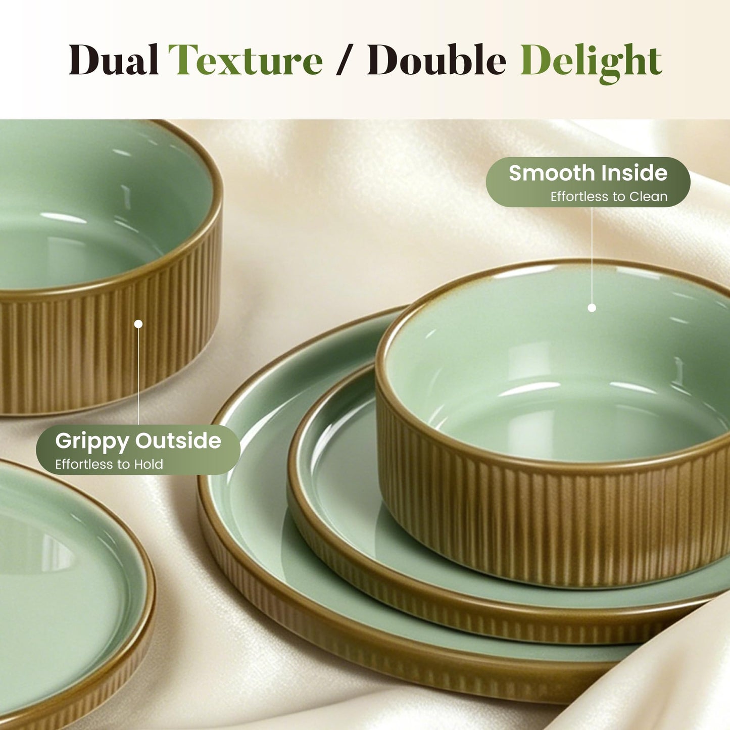 Kitchen Academy Brown Stoneawre Dinnerware Sets for 8, 24Pcs Ceramic Non Toxic Plates and Bowls Sets, Scratch Resistant Dishes, Oven & Microwave Safe