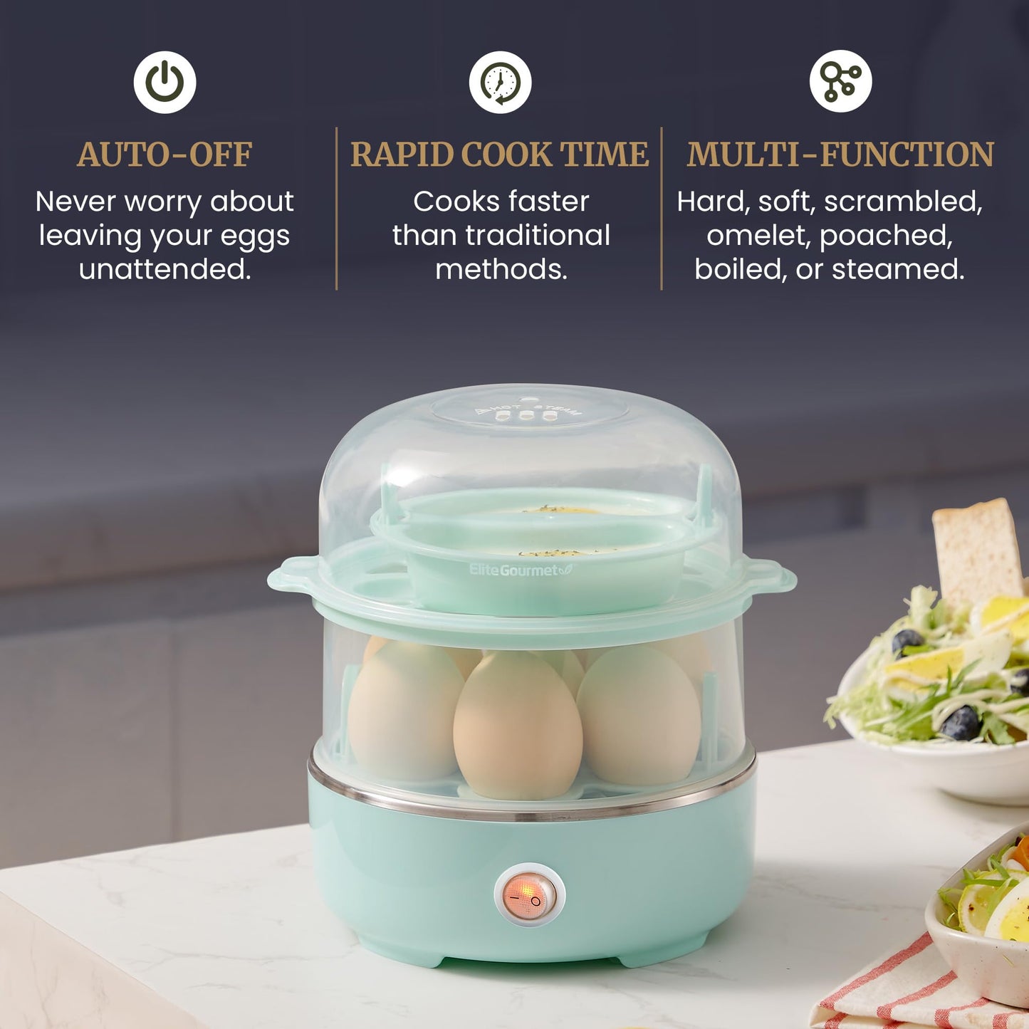 Elite Gourmet EGC115B Easy Egg Cooker Electric 7-Egg Capacity, Soft, Medium, Hard-Boiled Egg Cooker with Auto Shut-Off, Measuring Cup Included, BPA Free, Classic Black