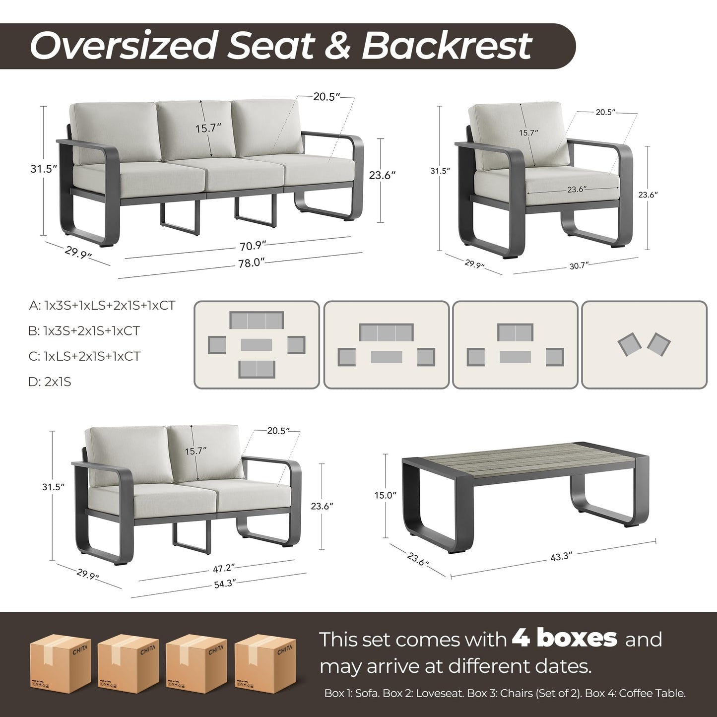 CHITA Outdoor Furniture Set 4 Piece, 5-Seats Patio Conversation Set with 6.3in Thick Cushions & 100% Aluminum Frame & Coffee Table, Modern Outdoor Patio Furniture Sofa Set for Poolside, Deck, Balcony