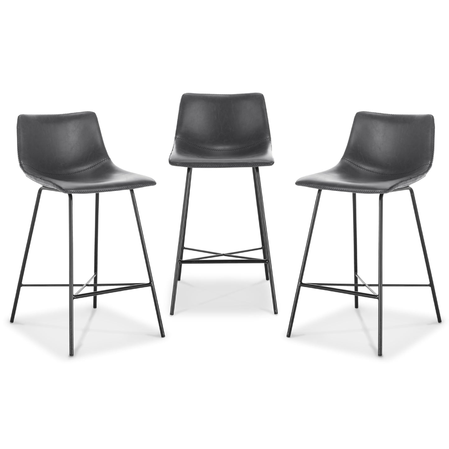 POLY & BARK Paxton Leather Counter Stools 24 Inches – Set of 2 - Counter Height Bar Stools with Back – Modern Barstools for Kitchen Island or Counters – Faux Leather & Matte Black Steel Base – Tan