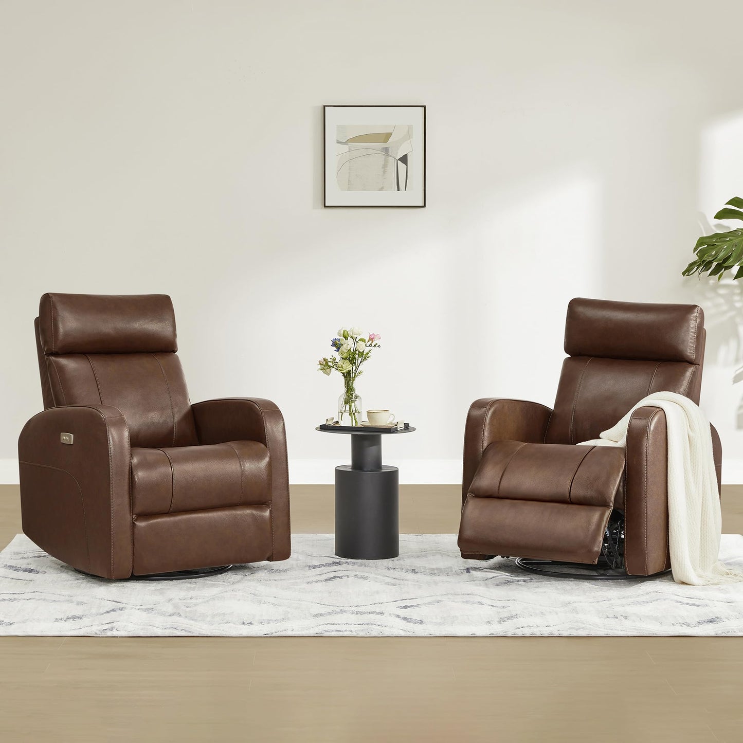 CHITA Genuine Leather Power Recliner Chair for Adults, FSC Certified Electric Nursery Swivel Glider for Living Room, Camel Brown