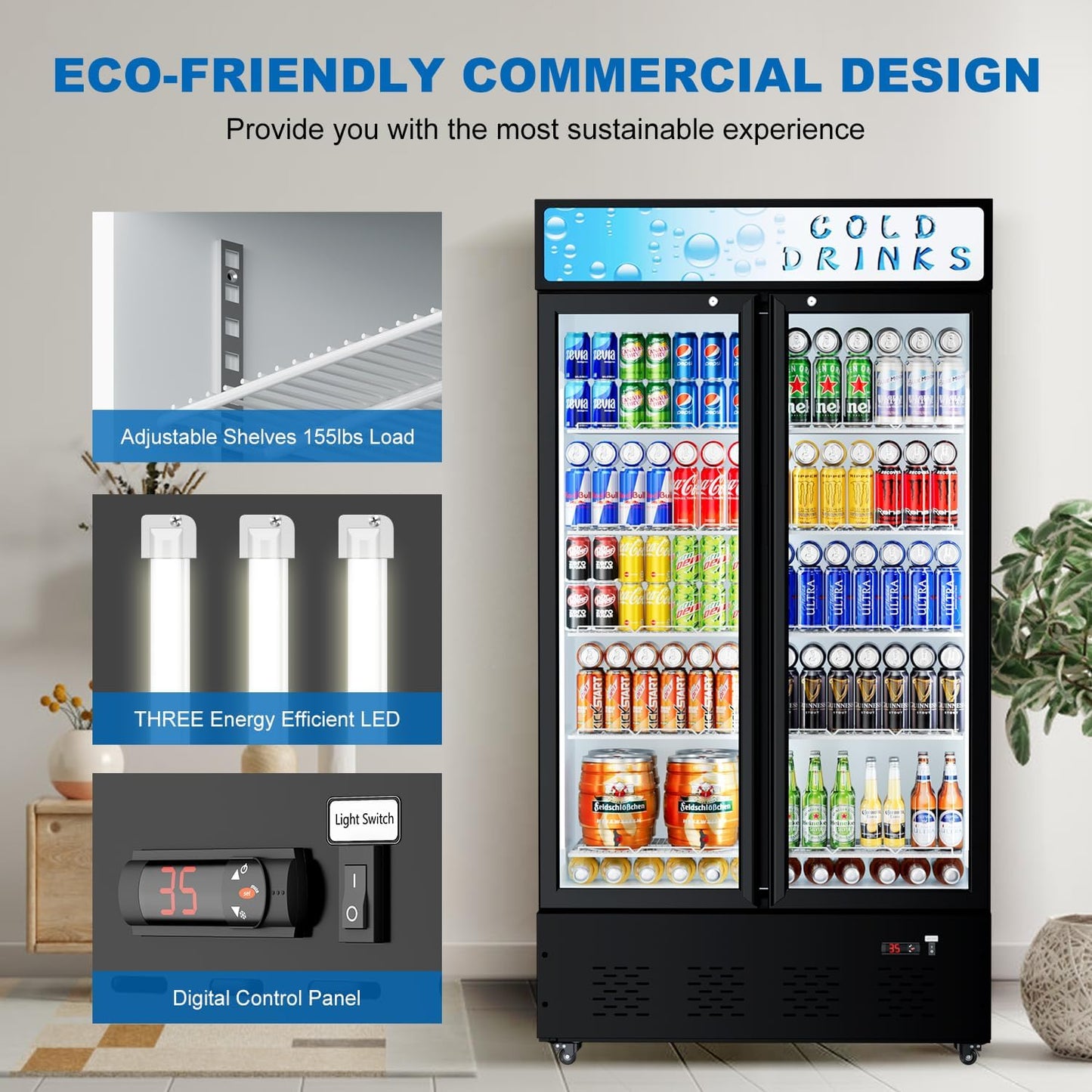 41.3''W 30 Cu.ft. Commercial Beverage Refrigerators with Soft LED Light, Adjustable Shelves, Digital Temperature Control, 360° Swivel Casters, Upright Display Refrigerator Glass Door for Stores
