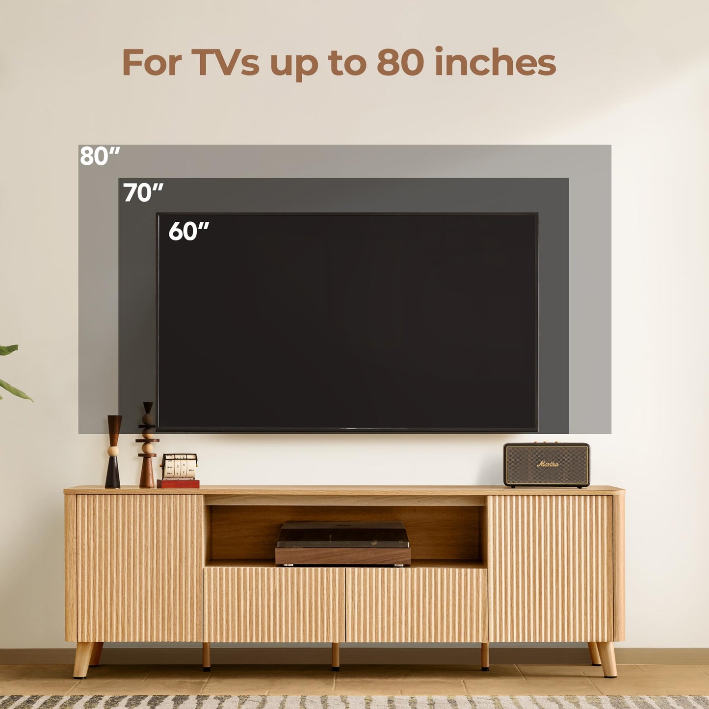 CHITA TV Stands for Living Room, Mid Century Modern TV Stand for 80 inch TV with Storage, Drawers, Adjustable Shelves, Walnut