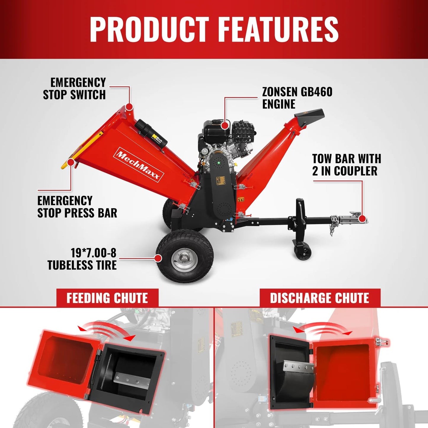 MechMaxx 6 inch ZONSEN 459cc 15hp E-Start Gas Powered 4-Wheels Wood Chipper Shredder Mulcher with Towbar/Tail Light/Emergency Stop Button/Stop Bar, Model B150 Red