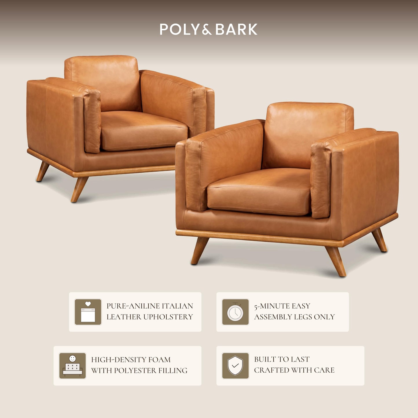 Poly & BARK Mateo Leather Lounge Chair – Cognac Tan Full-Grain Leather Upholstery – Modern Upholstered Accent Chair for Living Room or Bedroom – Indoor Lounge Seating with Timeless Comfort