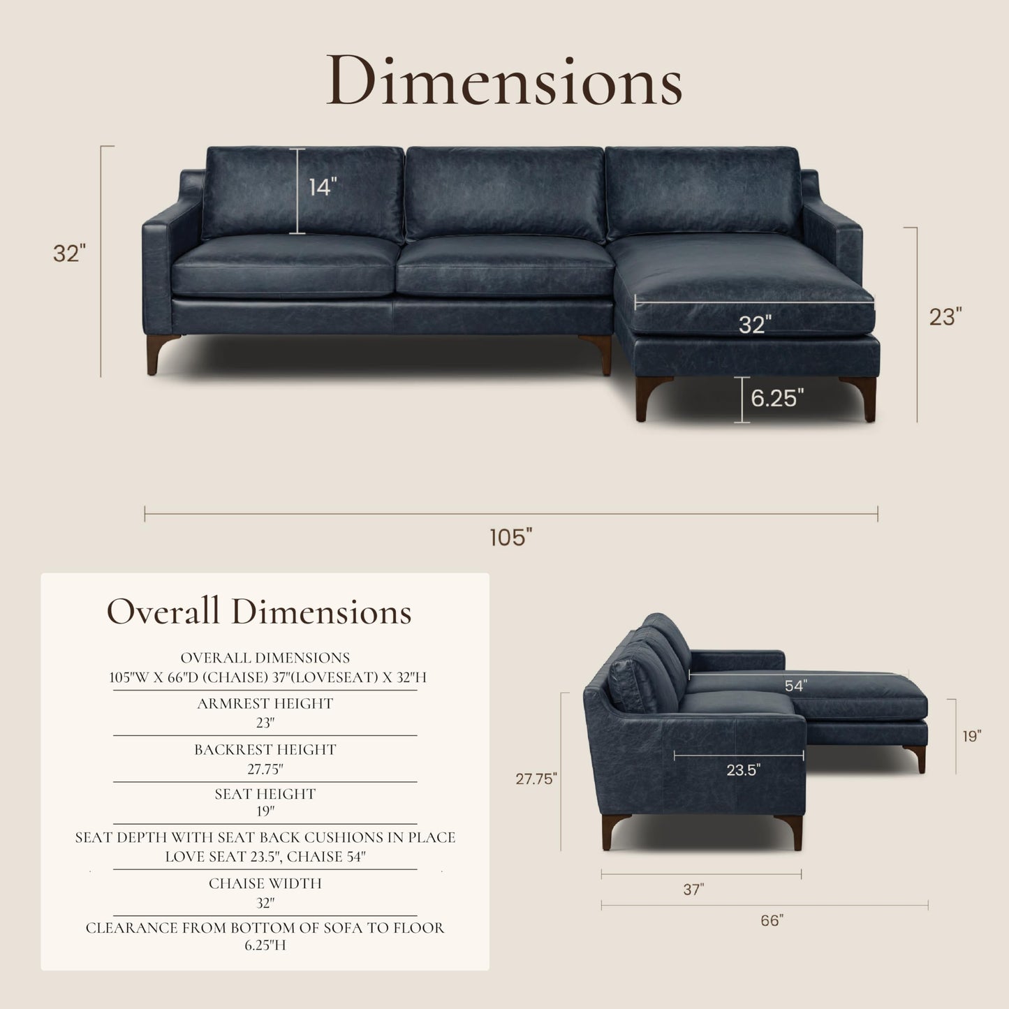 Poly & BARK Harper Left-Facing Leather Sleeper Sectional Sofa Cognac Tan– Full-Grain Aniline Leather, Sculptural Silhouette, Walnut-Finished Legs – Modern Statement Sofa for Living Spaces