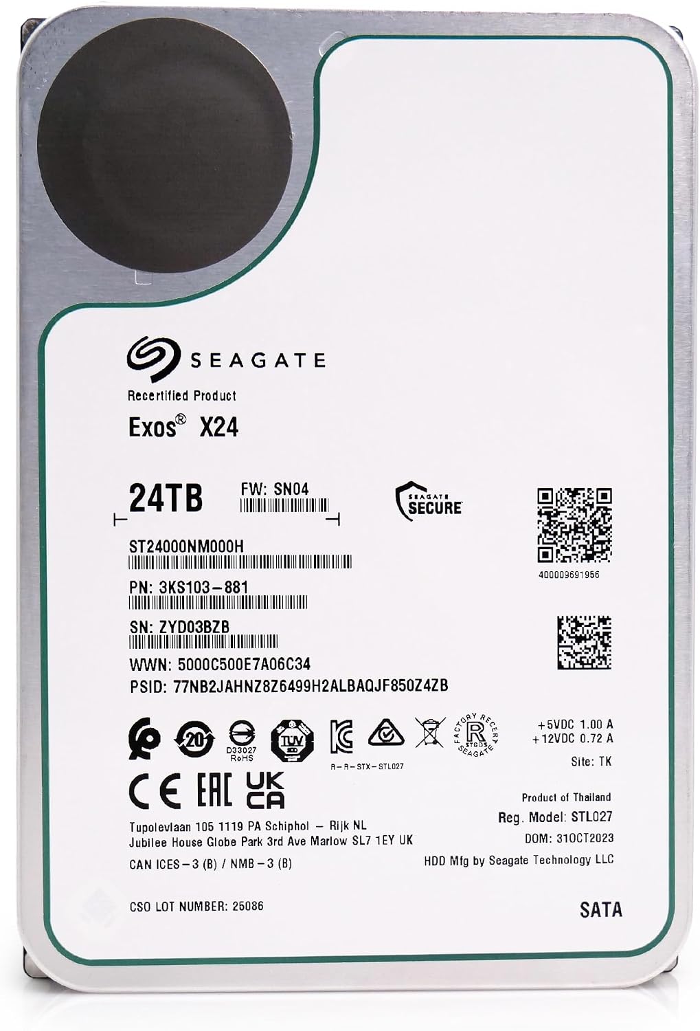 Seagate Exos X24 24TB Enterprise Hard Drive HDD SATA 6Gb/s 512MB Cache 7200 RPM 512e CMR Helium Sealed 3.5in Hard Drive ST24000NM000H