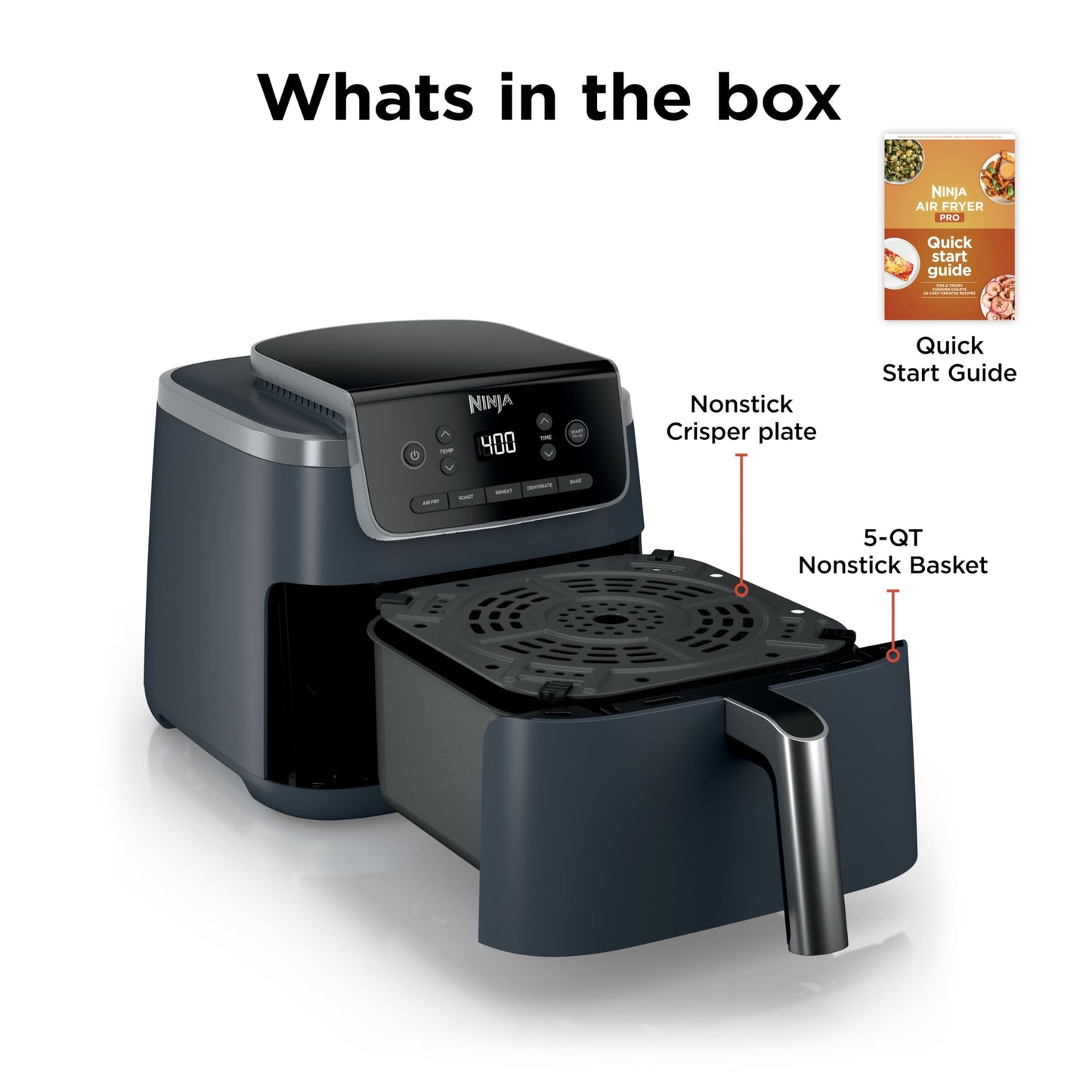 Ninja Air Fryer with Air Crisp | 5 QT Capacity fits up to 4lbs of Fries | 4-in-1 Pro Air Fry, Roast, Reheat, Dehydrate | 400°F Max Temp | 1750 Watts | W/Nonstick Basket & Crisper Plate | Grey | AF141