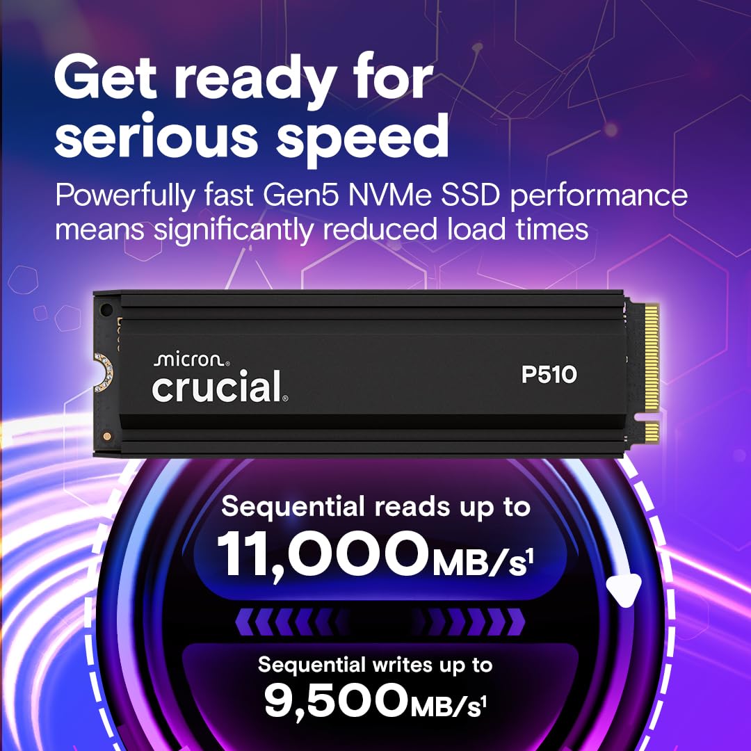 Crucial P510 PCIe Gen5 NVMe 2TB SSD with Heatsink, Up to 10,000MB/s, TLC NAND, Laptop & Desktop (PC) Compatible, for Gamers & Creatives, Solid State Drive – CT2000P510SSD5-01