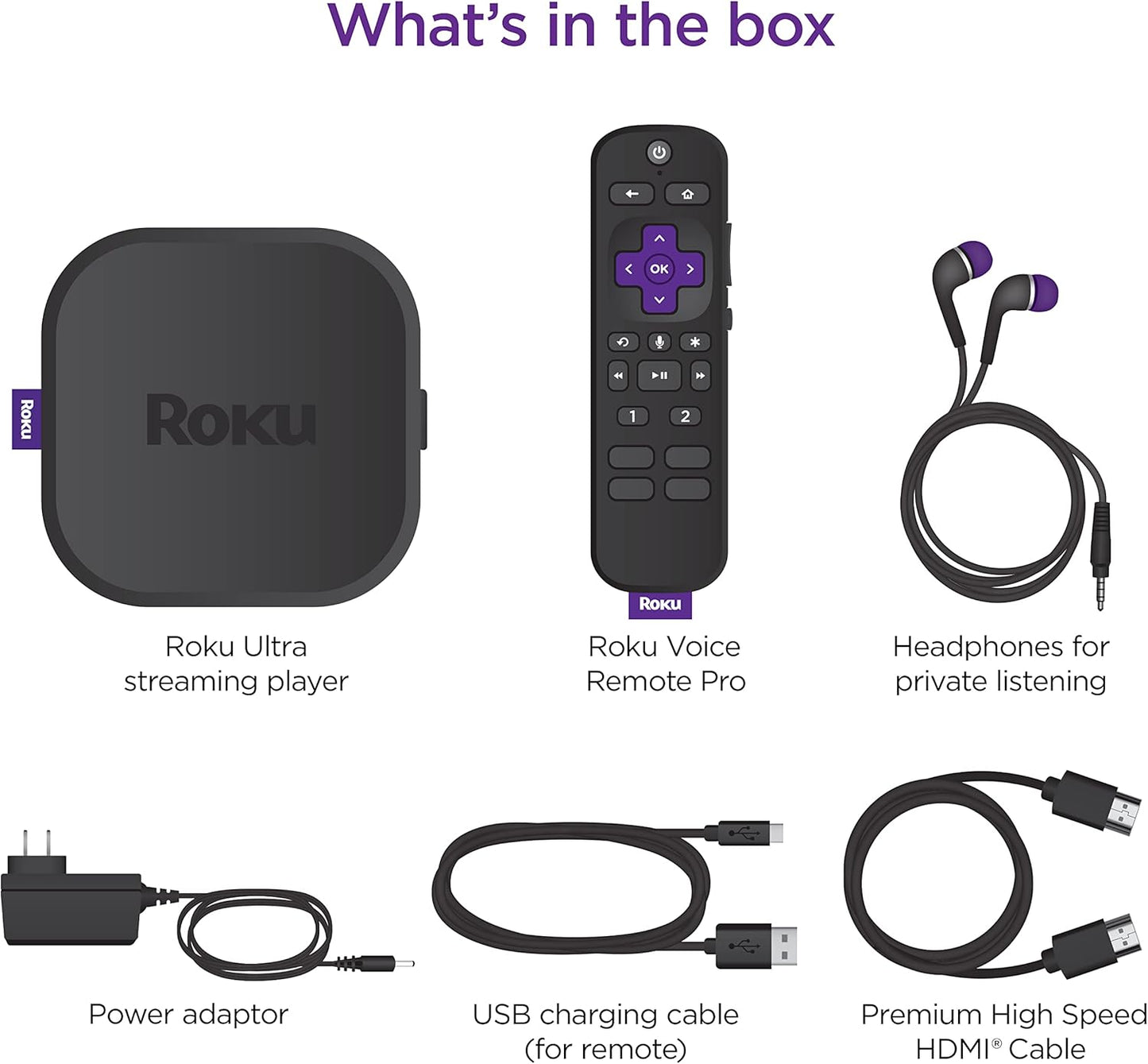 Roku Ultra | The Ultimate Streaming Device 4K/HDR/Dolby Vision/Atmos, Rechargeable Roku Voice Remote Pro, Ethernet Port, Hands-Free Controls, Lost Remote Finder, Free & Live TV