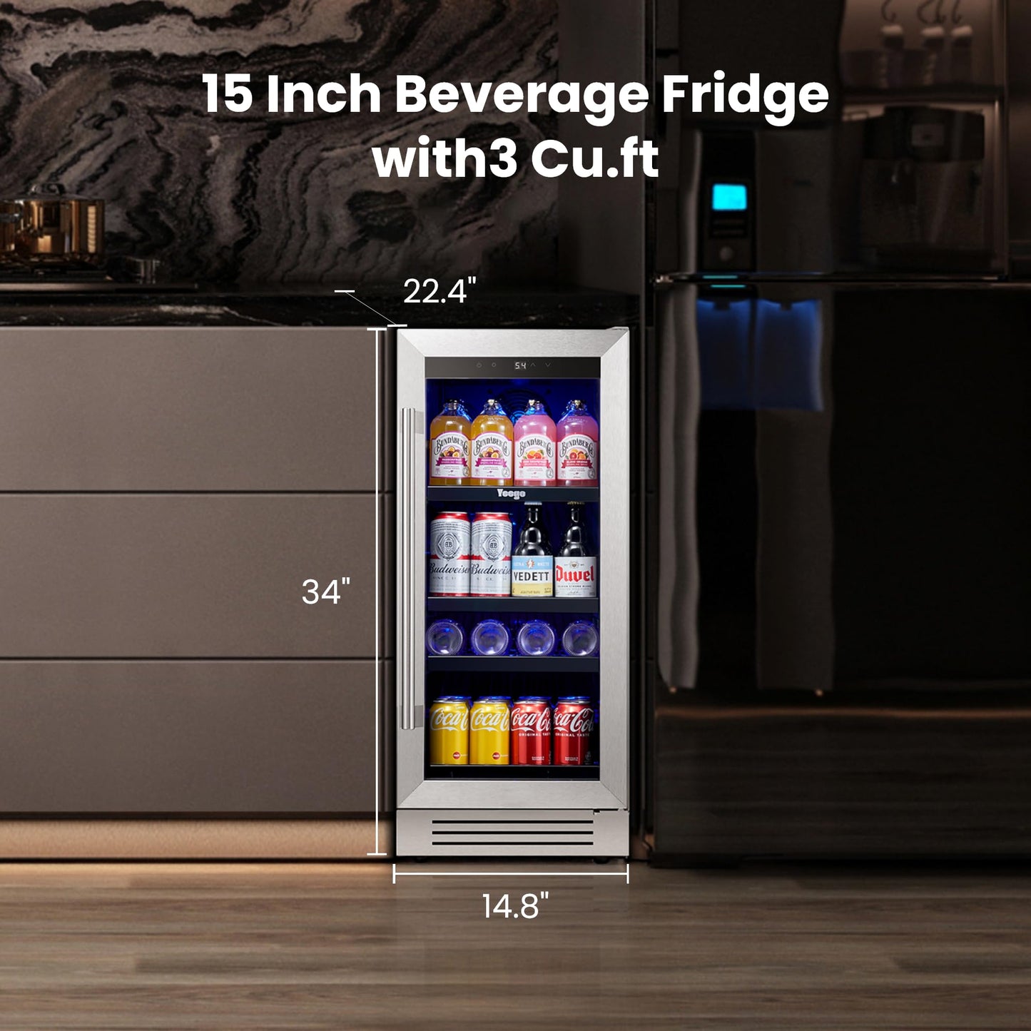 Yeego 24 Inch Beverage Refrigerator – 180 Can Built-In Under Counter Drink Fridge with Glass Door, 34–54°F Cooling for Beer, Soda & Wine (Right-Hinged)