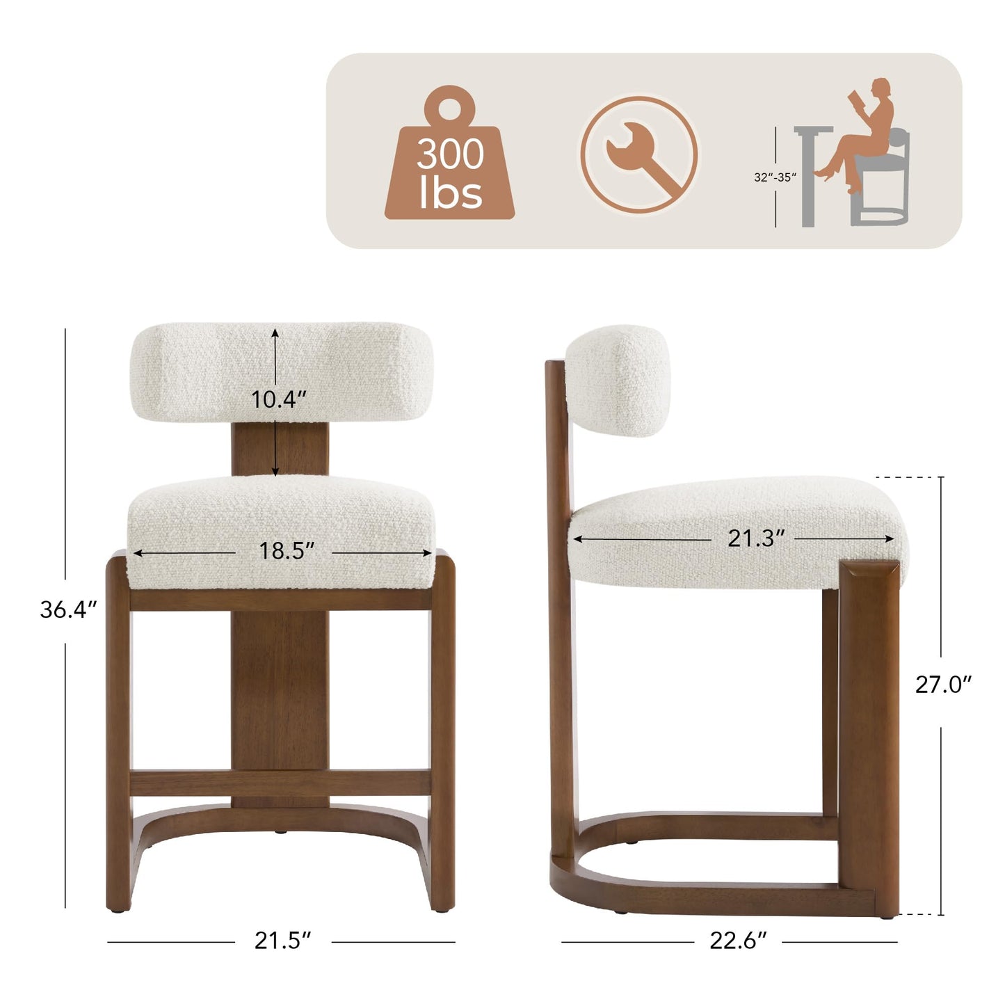 CHITA Modern Bar Stools Set of 2, 27" Counter Height Bar Stools, Upholstered Barstools with Backs and Wood Legs for Kitchen Island Dining Room, Oatmeal Fabric with Walnut Frame
