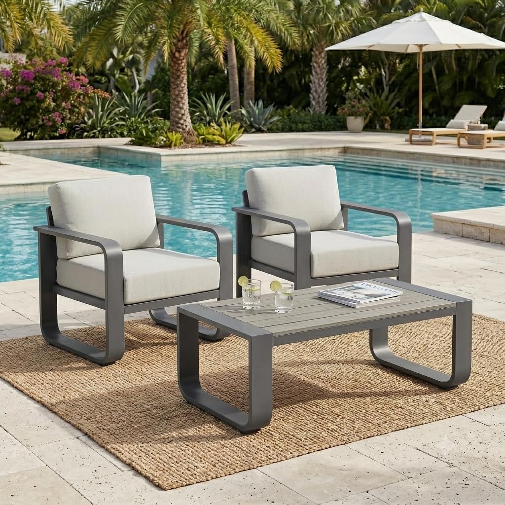 CHITA Outdoor Furniture Set 4 Piece, 5-Seats Patio Conversation Set with 6.3in Thick Cushions & 100% Aluminum Frame & Coffee Table, Modern Outdoor Patio Furniture Sofa Set for Poolside, Deck, Balcony