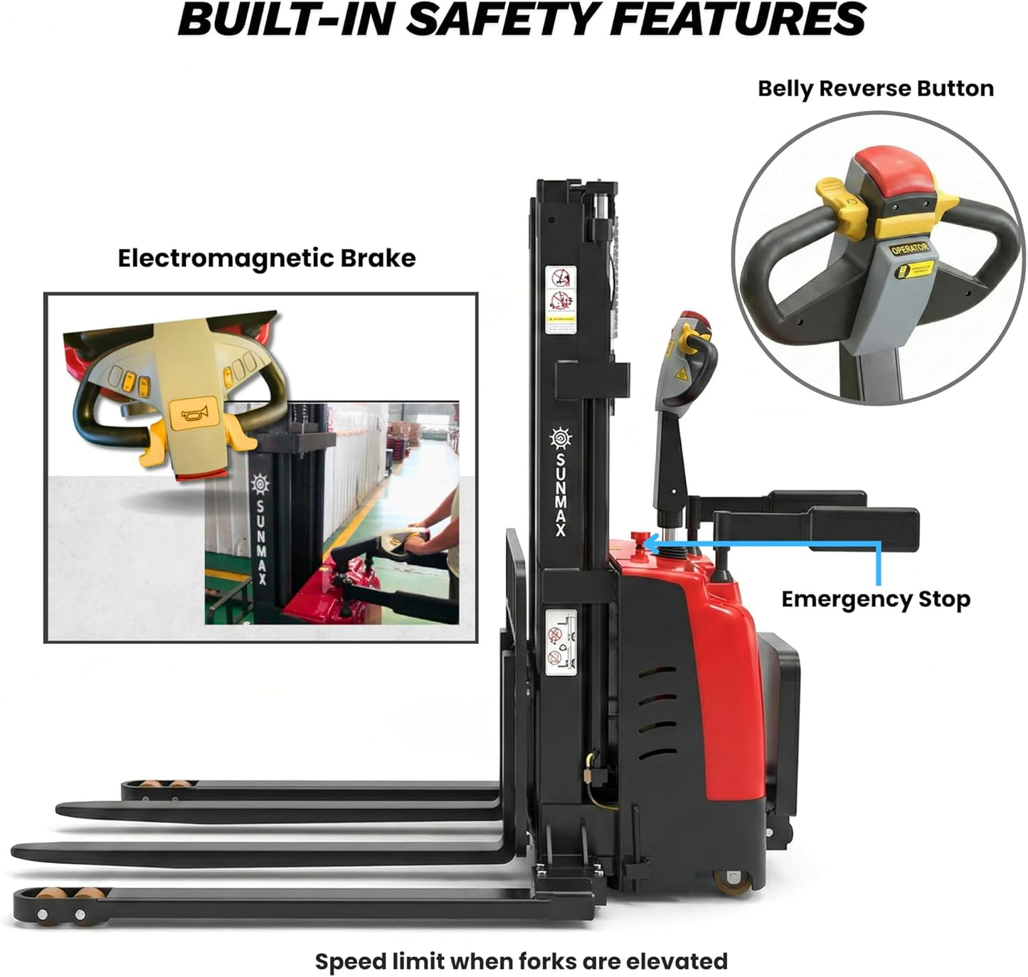 SUNMAX PS3300FEAS-3M Fully Electric Pallet Stacker, 3300 lb Capacity, 118" Lift Height, Walk-Behind Warehouse Stacker with Adjustable Straddle Legs