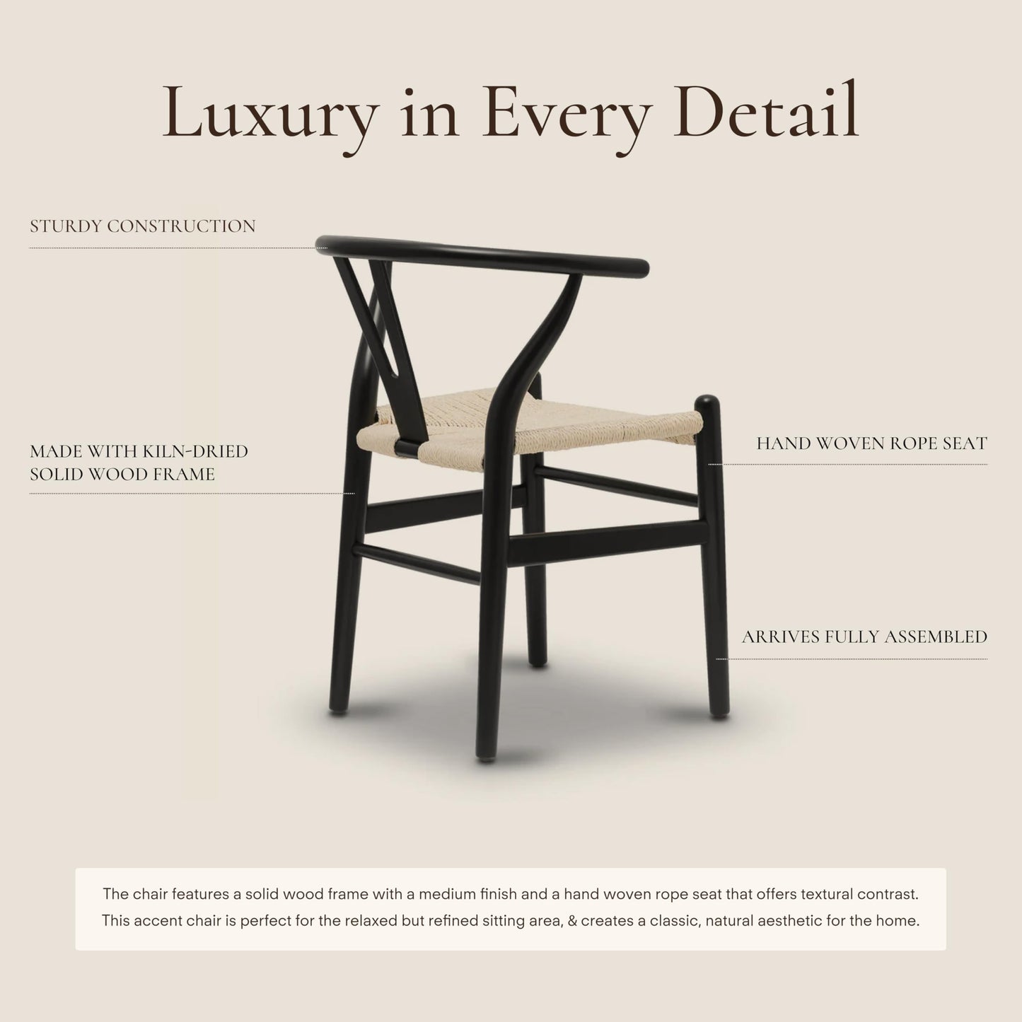 POLY & BARK Weave Dining Chair – Mid-Century Modern Wishbone Dining Chair with Arms, Solid Wood Frame, Indoor Use – Black – Single - Ideal for Dining Room, Kitchen or Stylish Accent Setting