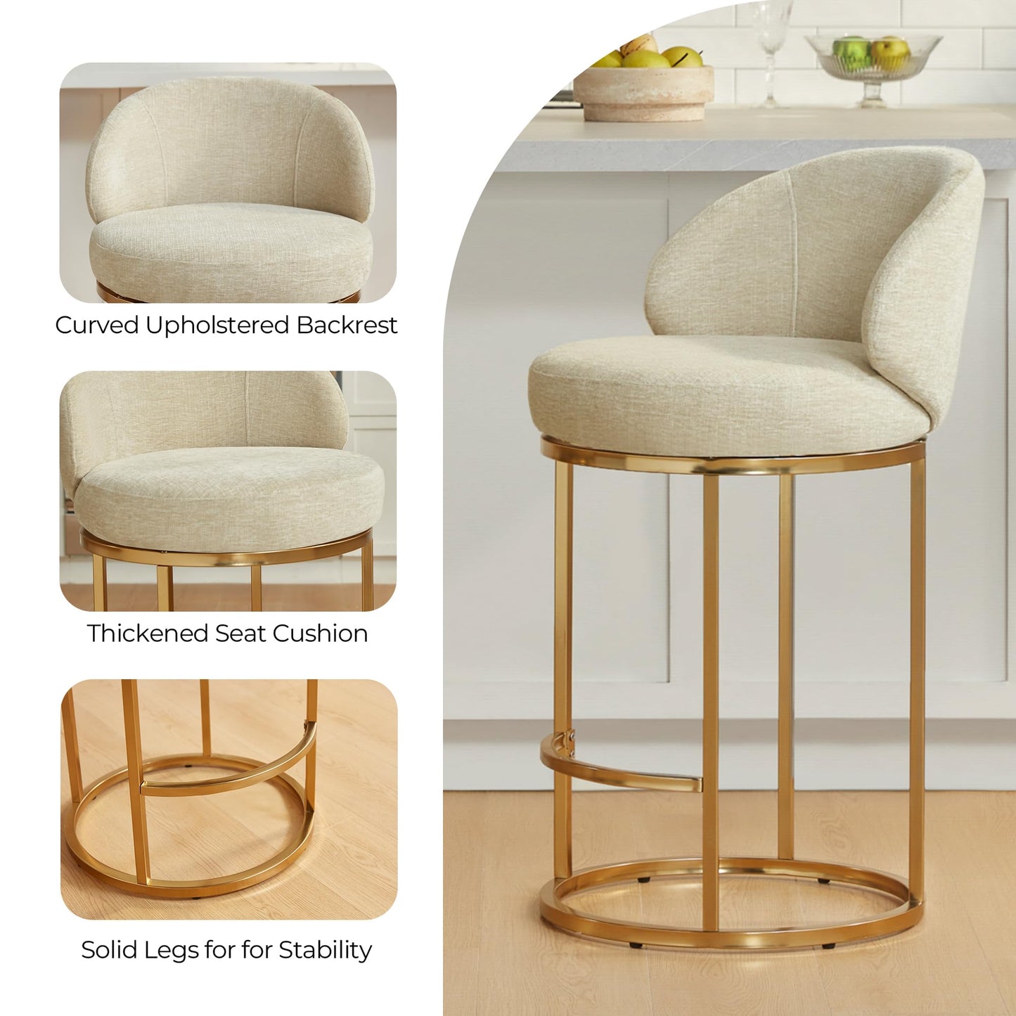 CHITA Swivel Counter Height Bar Stools Set of 3, Upholstered Bar Chairs with Backrest, Sturdy Metal Base, 26.8" Seat Height for Kitchen Island & Home Bar, Sand