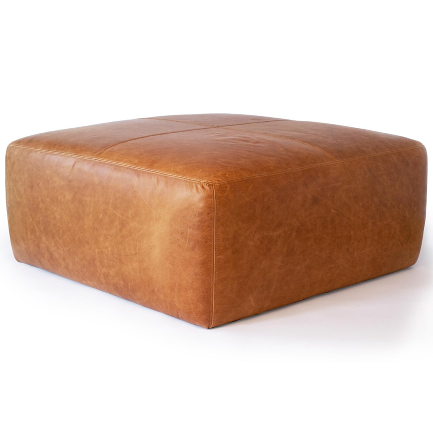 POLY & BARK Denver Ottoman – 43" Large Pouf with Feather-Down Topper – Full-Grain Leather Upholstered Pouf Ottoman for Living Room – Vintage Italian Leather in Cognac Tan
