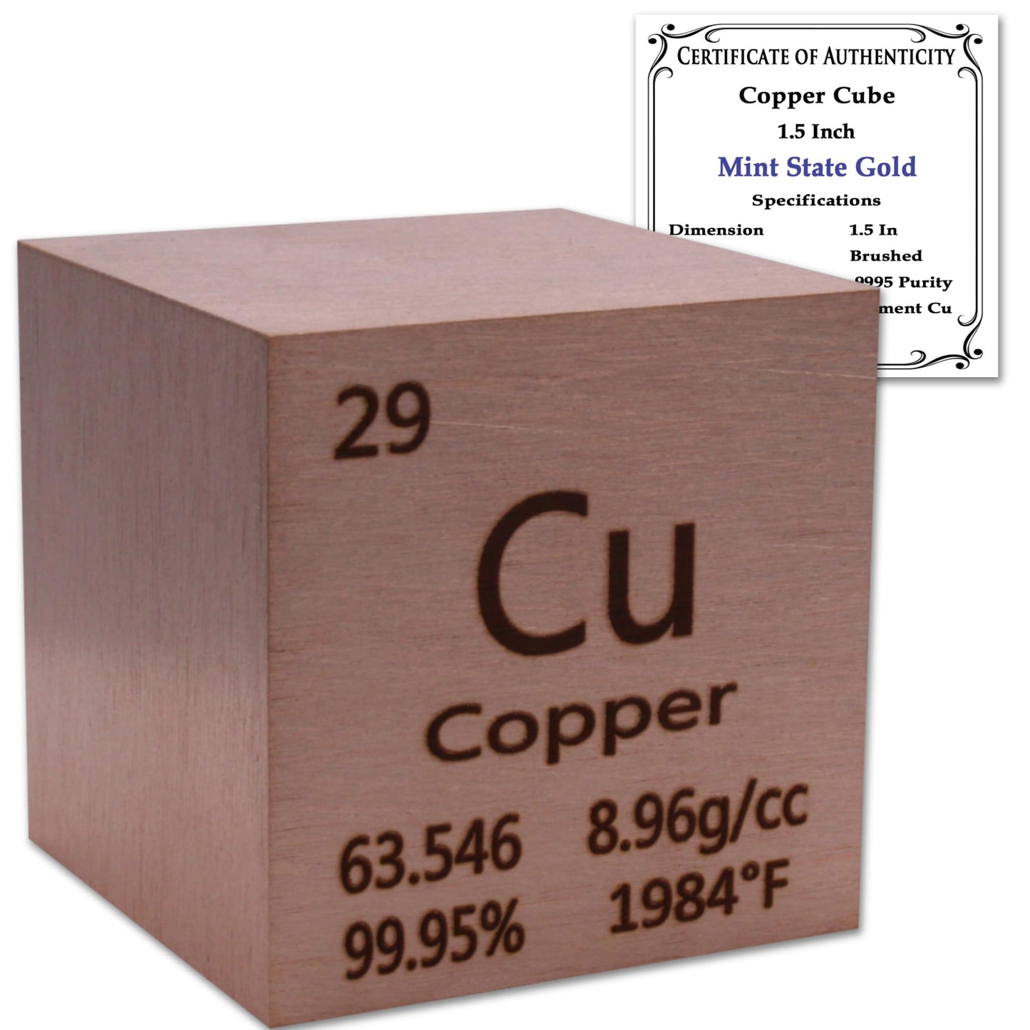 99.95% Pure 1" Inch Copper Cube - Element Design with Certificate of Authenticity