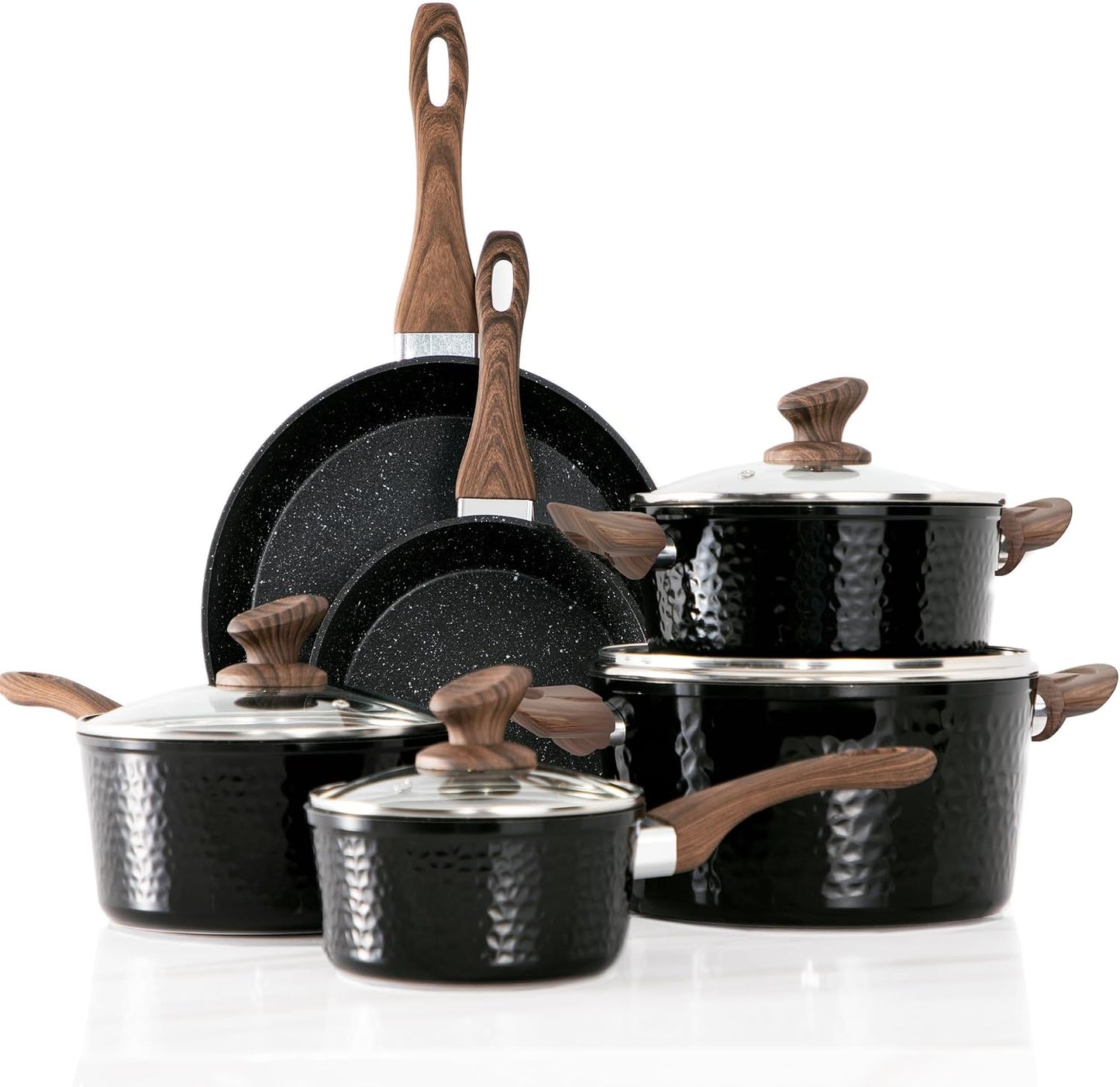 Kitchen Academy Pots and Pans Set Non Stick - 15 Pcs Black Induction Kitchen Cookware Sets, Healthy Non-toxic Hammered Cooking Pans Set