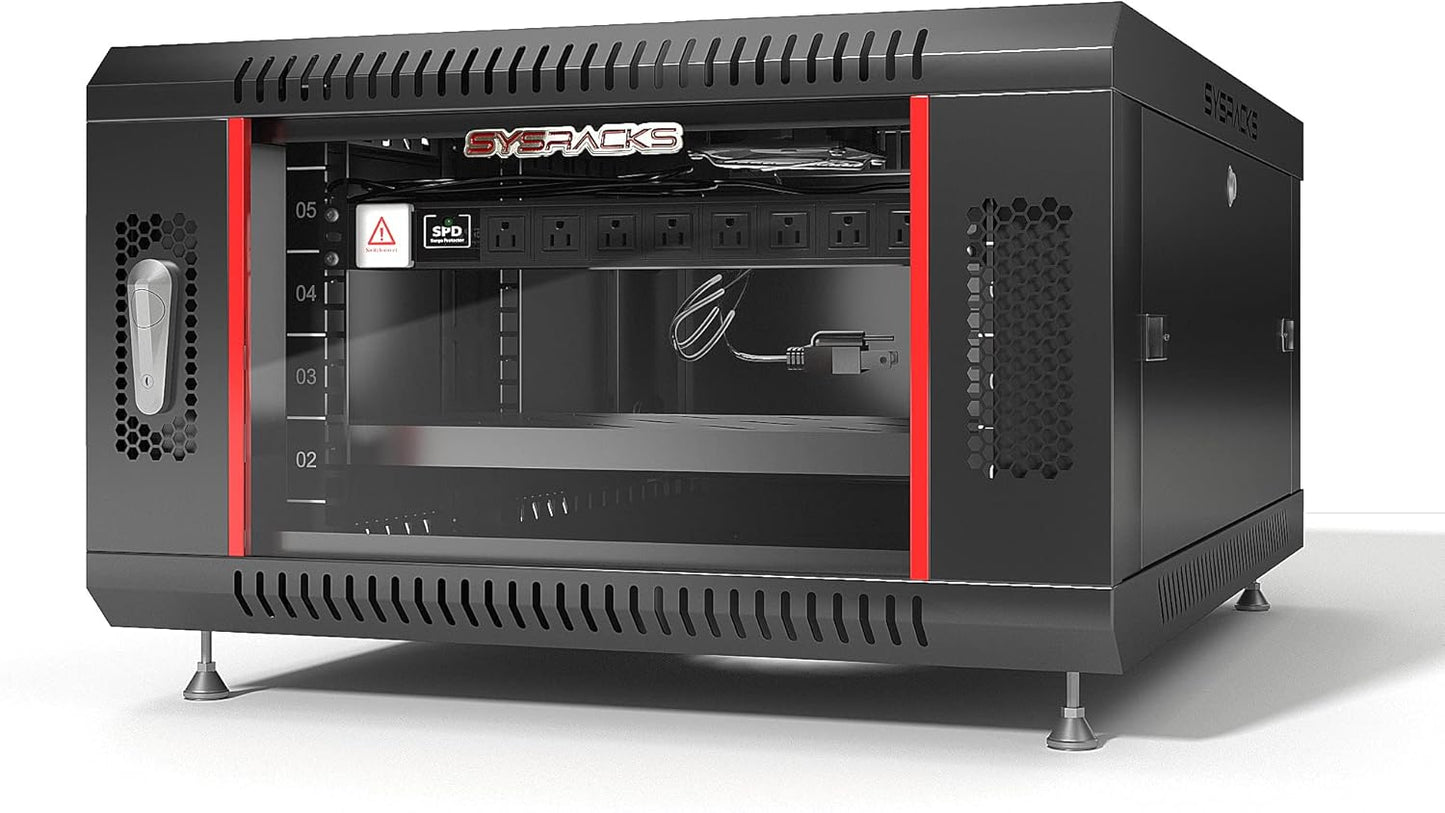Sysracks Server Rack 6U Wall Mount Rack Locking Cabinet for Network Electronics Security Audio Video AV Equipment Data Rack Legs/Power Strip/Shelf/Fan 24-Inch Deep