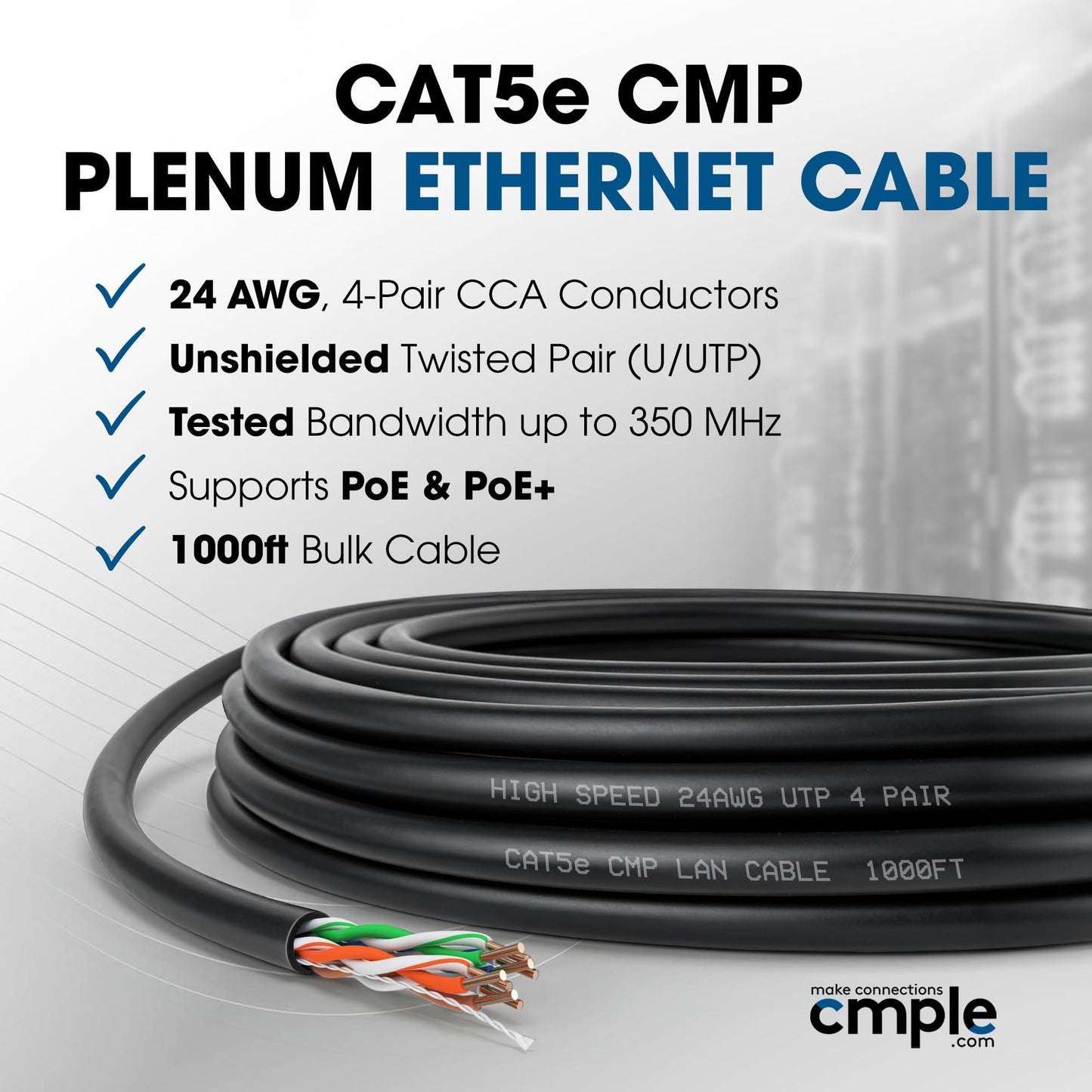 Cmple - Cat5e Plenum Cable 1000ft, CMP, Blue 350MHz Gigabit Ethernet Solid Network Internet Bulk UTP