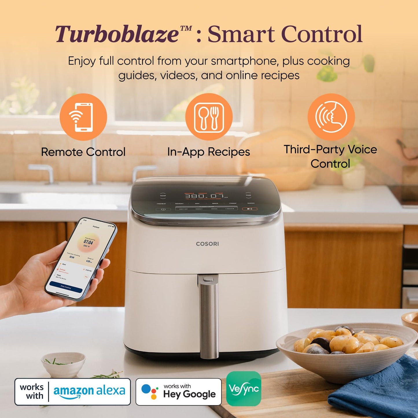 Cosori 9-in-1 TurboBlaze Air Fryer 6 Qt, PFAS-Free Ceramic Coating, 90°–450°F, Precise Heating for Even Results, Air Fry, Roast, Bake, Broil, Dry, Frozen, Proof, Reheat, Keep Warm, 120V, Dark Gray