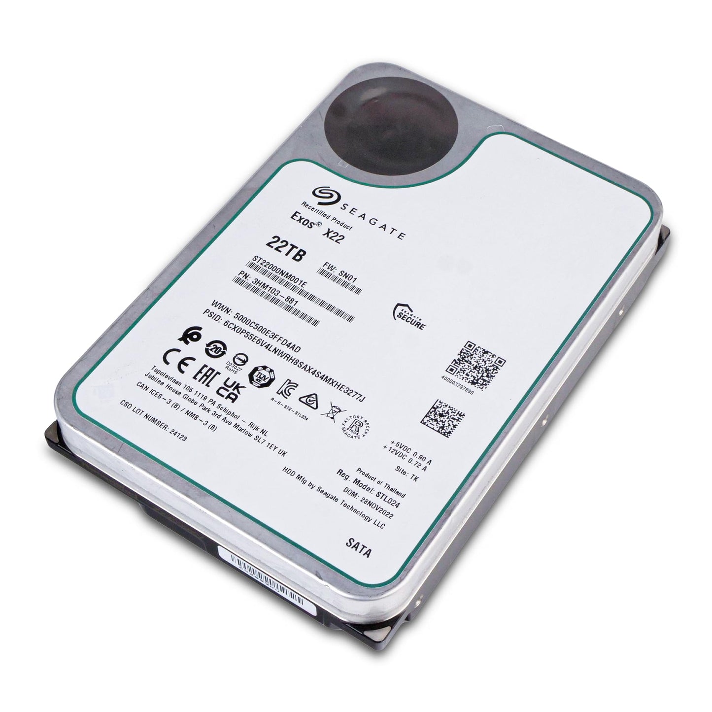 Seagate (Recertified) Exos X22 22TB Internal Hard Drive - 3.5 Inch Hyperscale SATA 6Gb/s HDD, 7200 RPM, 2.5M MTBF, 512e and 4Kn FastFormat, Low Latency with Enhanced Caching (ST22000NM001E)