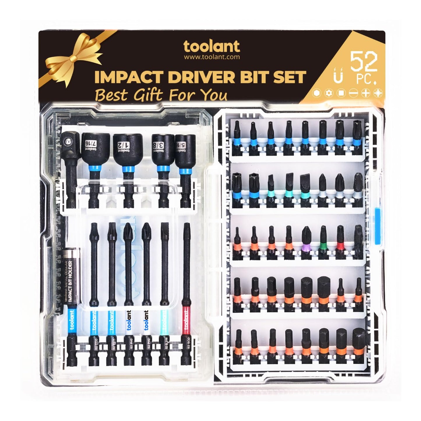 toolant Impact Driver Bit Set,52-Piece S2 Steel Screwdriver Bit Set,Hex,Torx,Phillips,Slotted,Square Bits and Nut Driver with Case