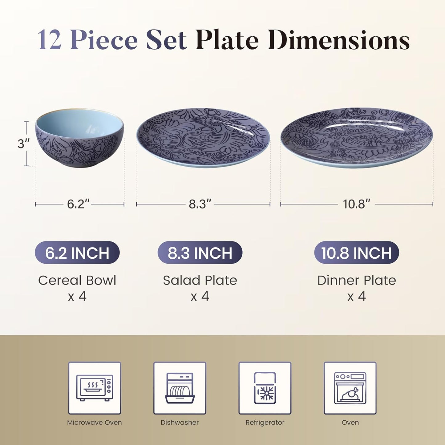 Kitchen Academy Scandinavian Dinnerware Set for 4, Stoneware Plates and Bowls Set Non Toxic, 12 Pcs Kitchen Dish Set, Microwave & Dishwasher Safe