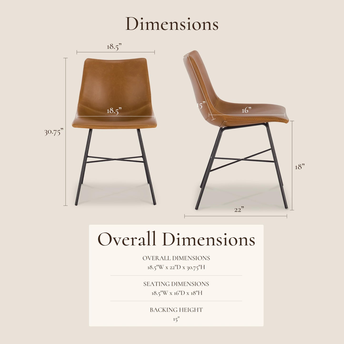 POLY & BARK Paxton Leather Counter Stools 24 Inches – Set of 2 - Counter Height Bar Stools with Back – Modern Barstools for Kitchen Island or Counters – Faux Leather & Matte Black Steel Base – Tan