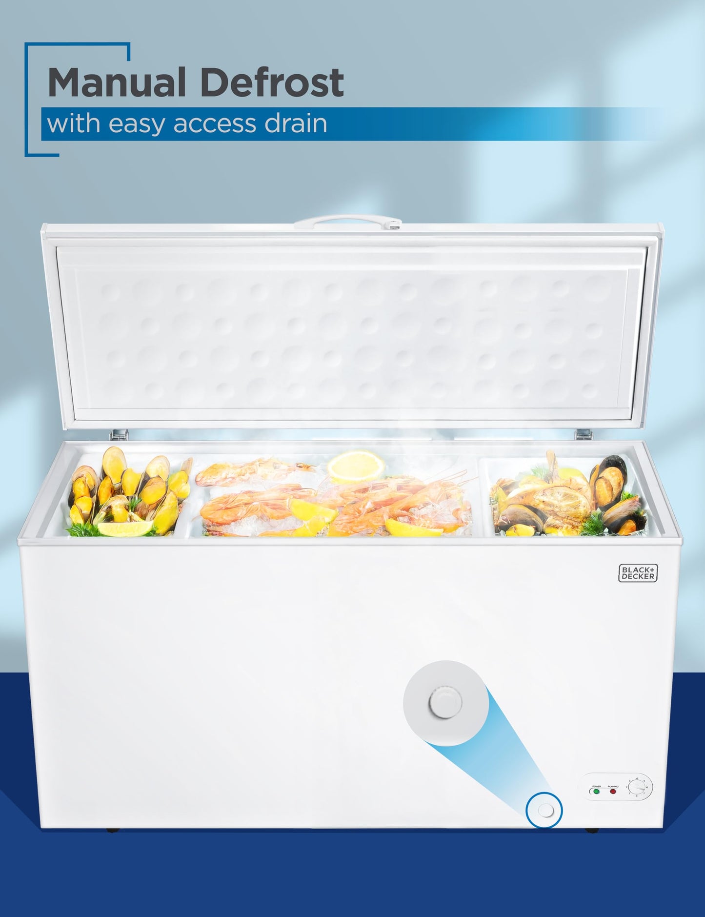BLACK+DECKER 19.8 Cu. Ft. Chest Freezer, Deep Freezer with Top Opening, Freezer Chest with 2 Removable Storage Baskets, Mechanical Temperature Control, Manual Defrost, R600a Refrigerant,BCF1980E,White