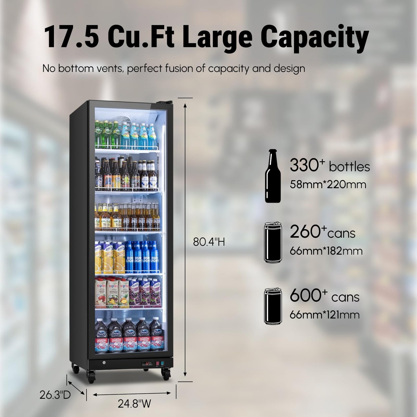 Yeego Commercial Refrigerators - 27.1 Cu.Ft 2 Glass Doors Commercial Beverage Refrigerator with LED Light & Adjustable Shelves, 32-50°F Commercial Cooler for Stores Bakery Bar Offices Restaurants