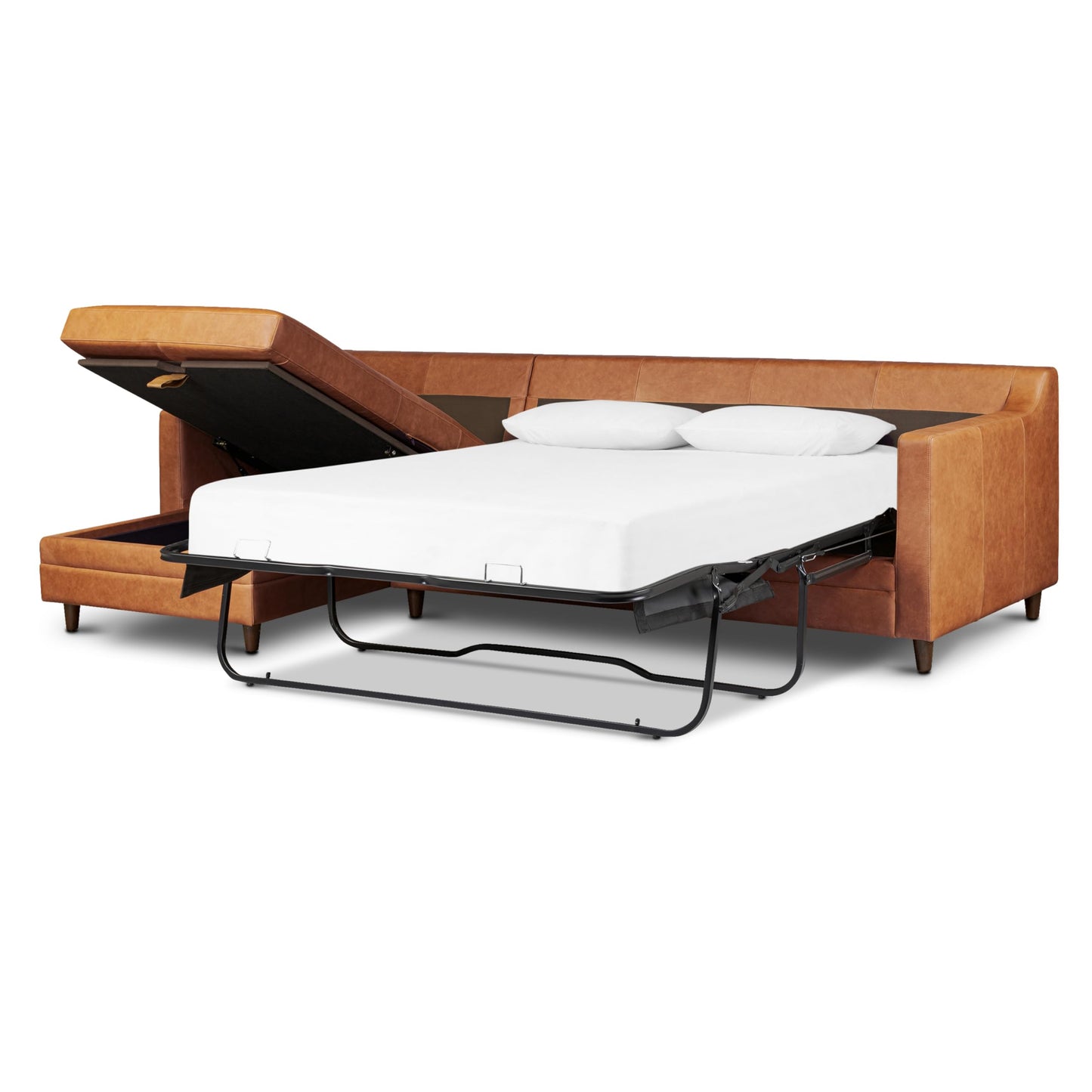 Poly & BARK Harper Left-Facing Leather Sleeper Sectional Sofa Cognac Tan– Full-Grain Aniline Leather, Sculptural Silhouette, Walnut-Finished Legs – Modern Statement Sofa for Living Spaces