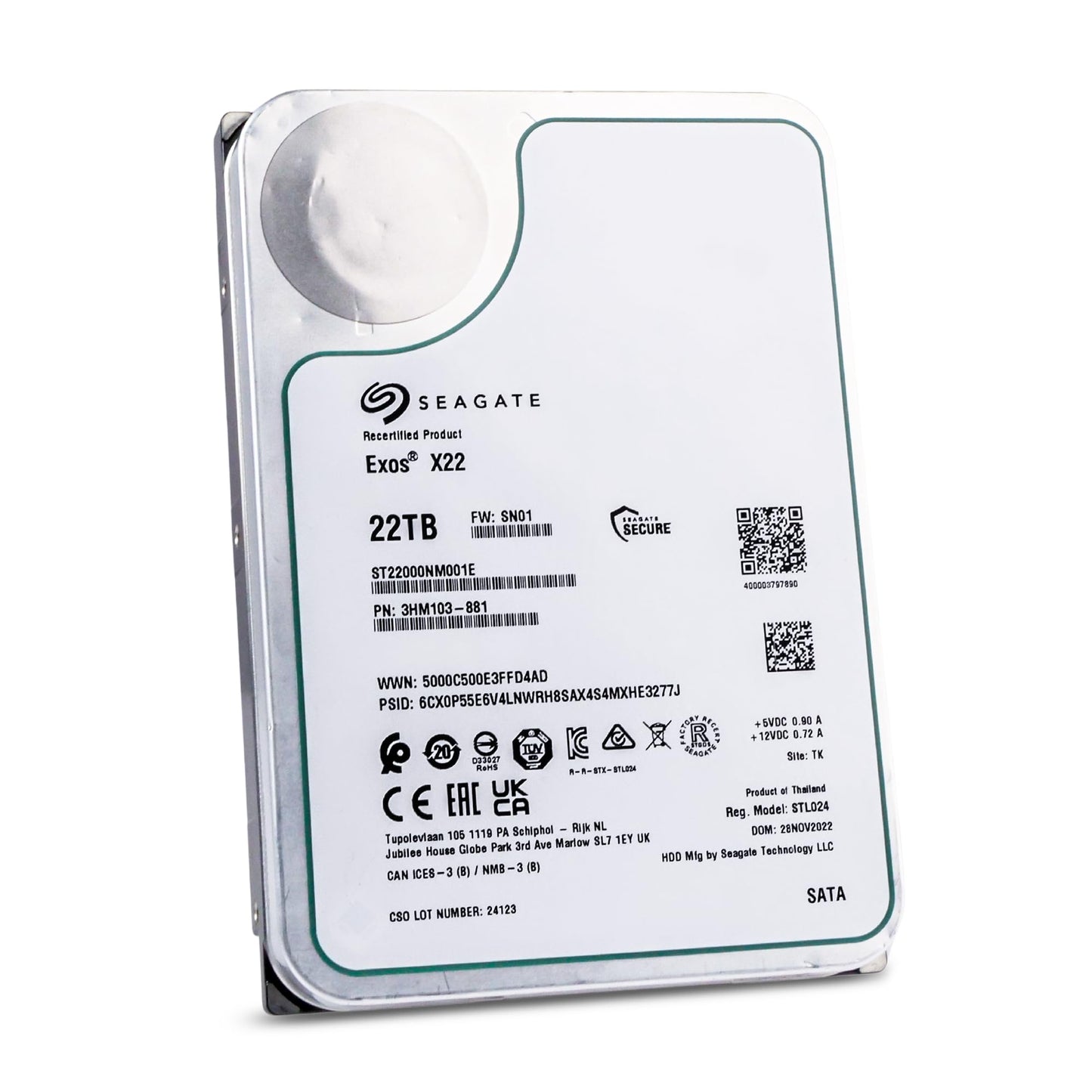 Seagate (Recertified) Exos X22 22TB Internal Hard Drive - 3.5 Inch Hyperscale SATA 6Gb/s HDD, 7200 RPM, 2.5M MTBF, 512e and 4Kn FastFormat, Low Latency with Enhanced Caching (ST22000NM001E)