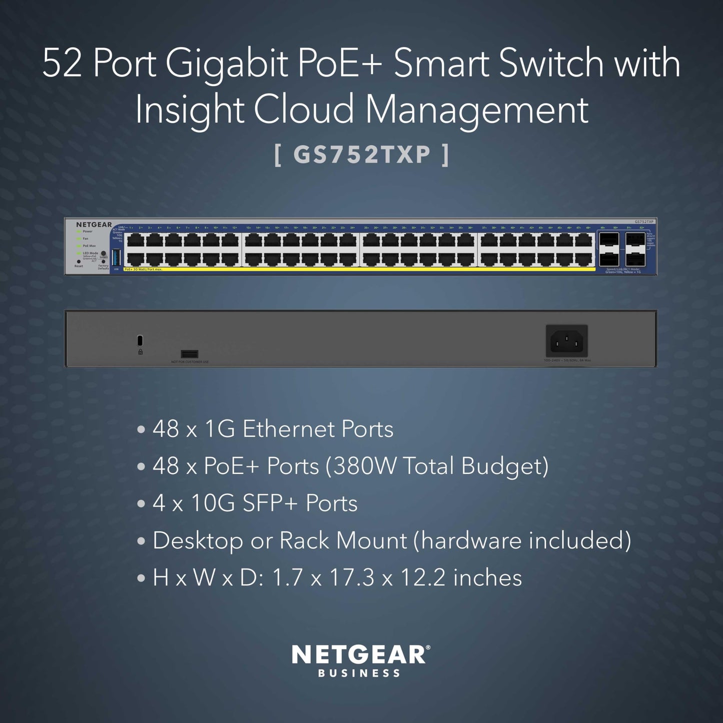 NETGEAR 52-Port PoE Gigabit Ethernet Smart Switch (GS752TPP) - Managed, Optional Insight Cloud Management, 48 x PoE+ @ 760W, 4 x 1G SFP, Desktop or Rackmount
