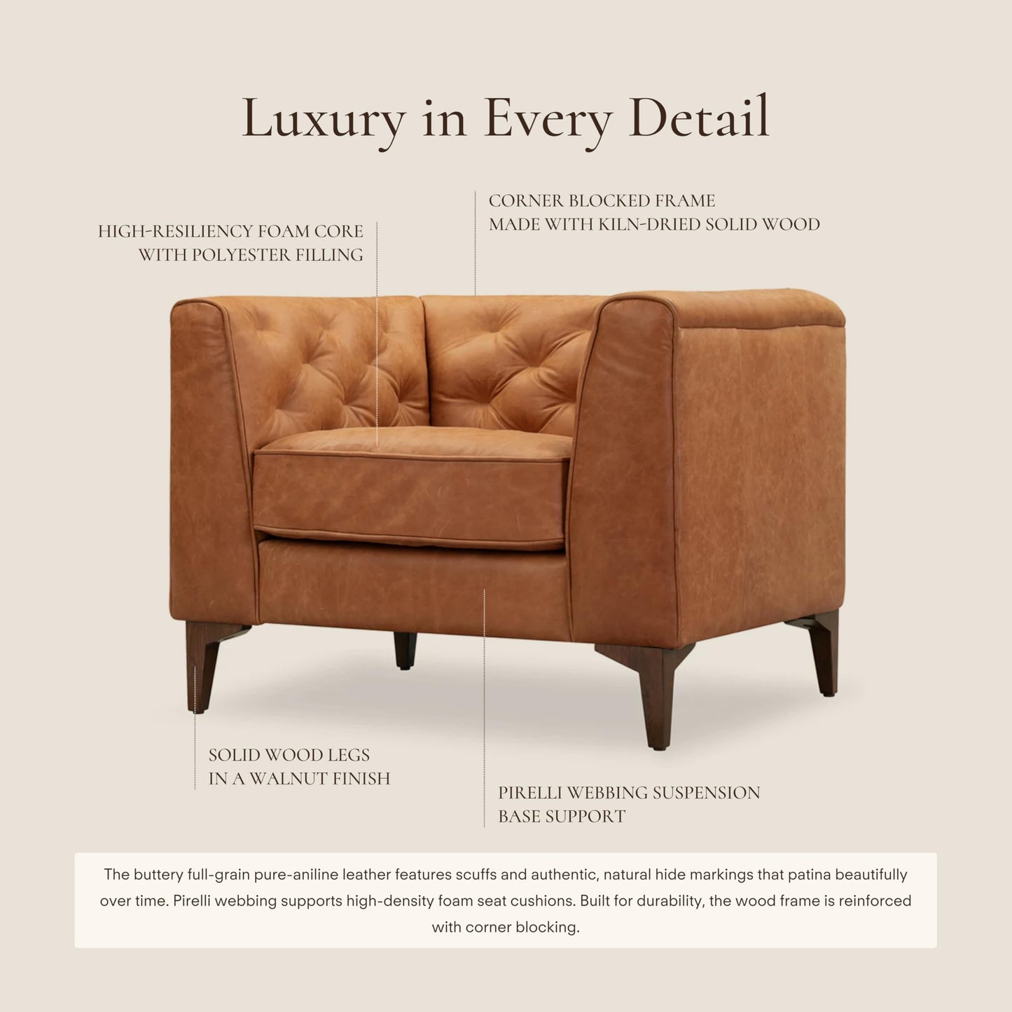 POLY & BARK Essex 89” Full-Grain Italian Leather Sofa – Tufted Back, Feather-Down Comfort, Solid Wood Frame, Cognac Tan